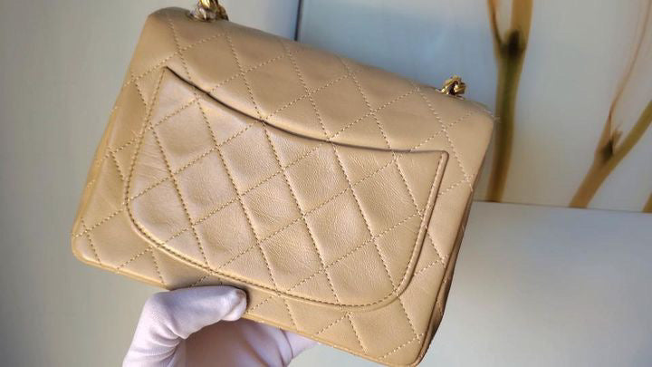 Chanel Mini square beige lambskin with 24k gold plated bijou chain
