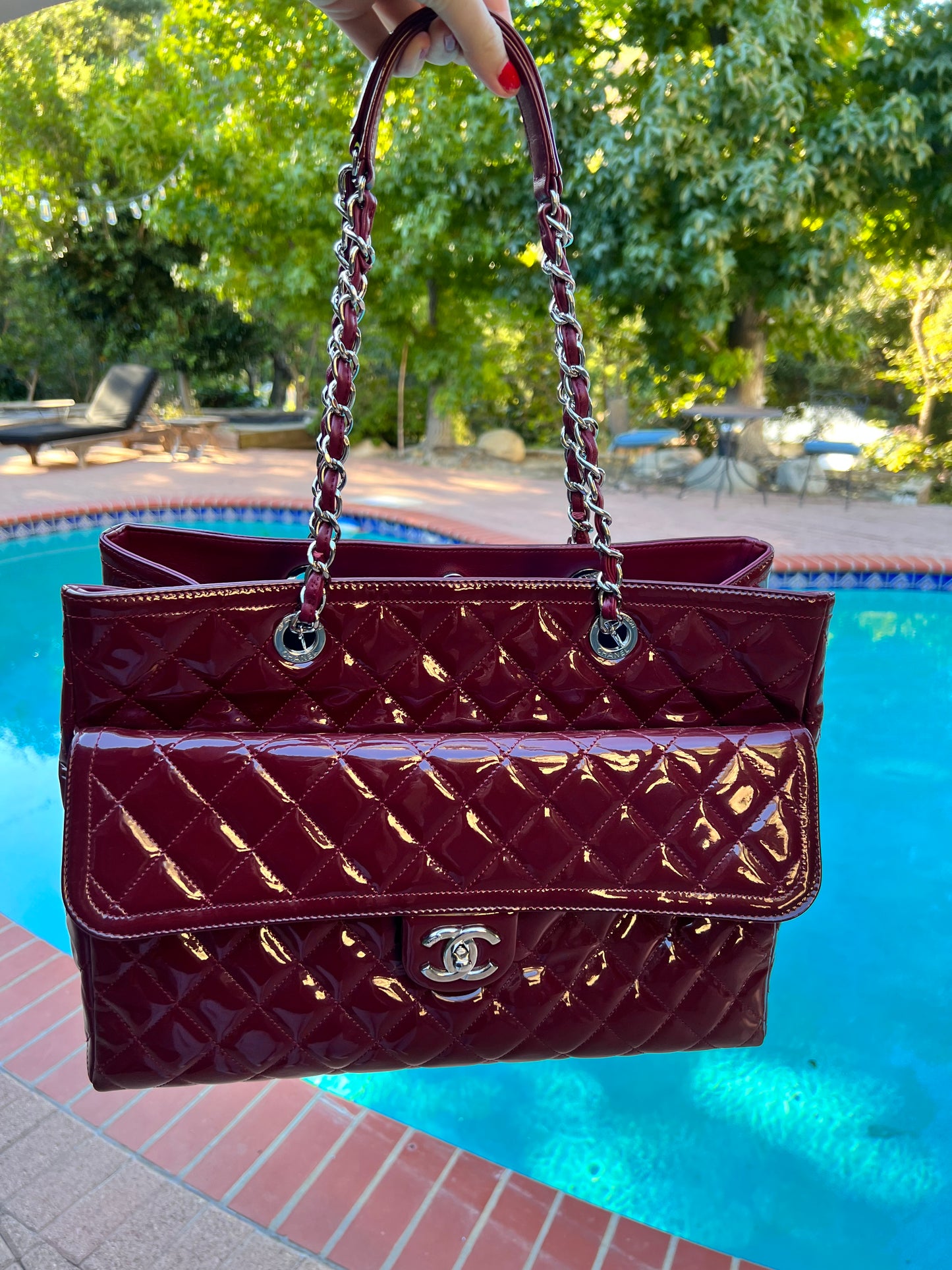 Chanel burgundy patent XL shopper tote