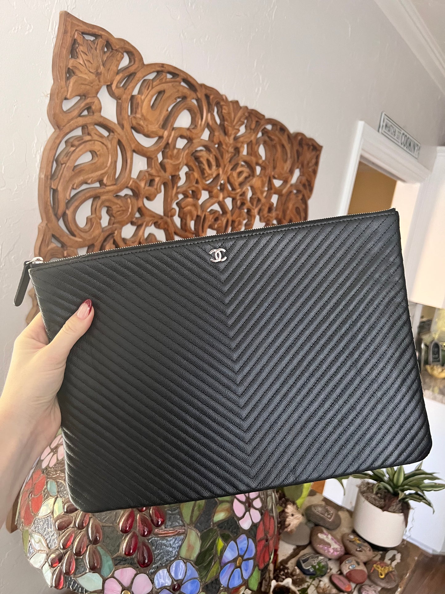 Chanel Large black caviar thin chevron O pouch