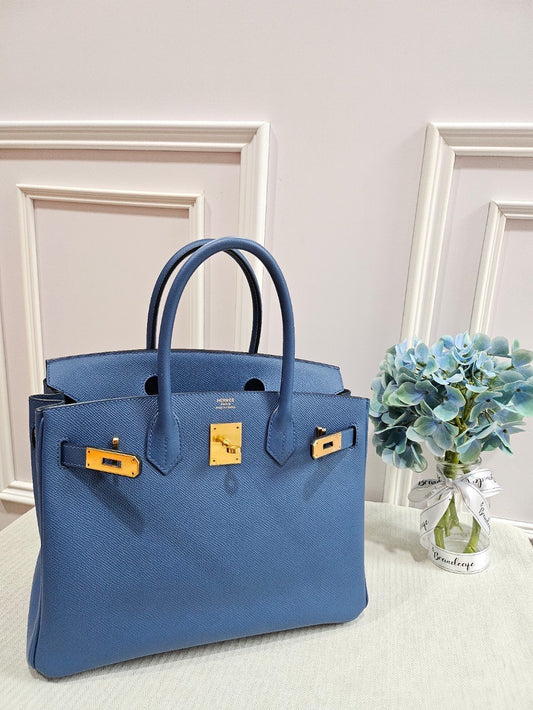 Hermes birkin B30 Epsom blue thalassa GHW stamp X