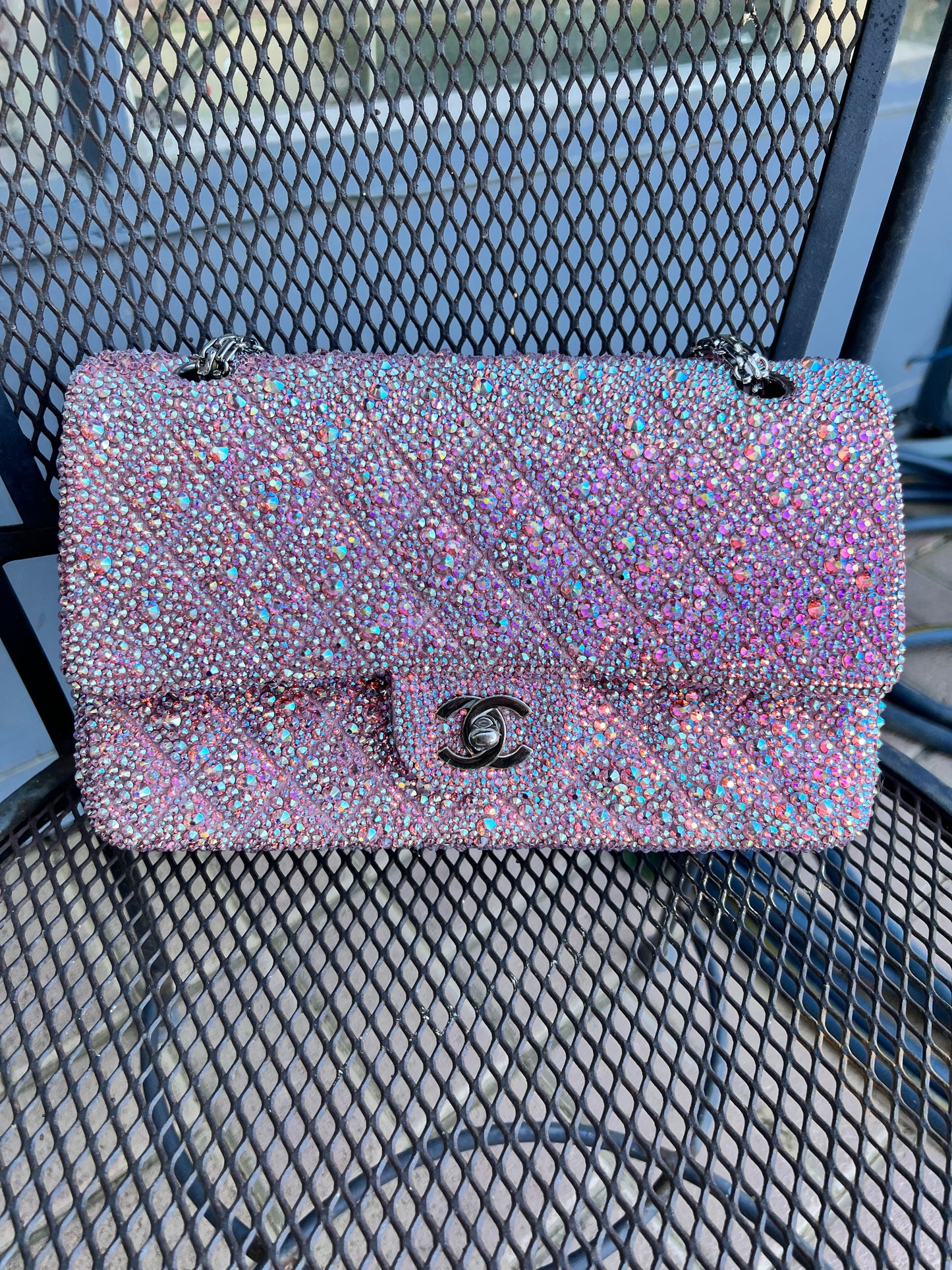 Chanel pink medium classic flap custom crystal strassed