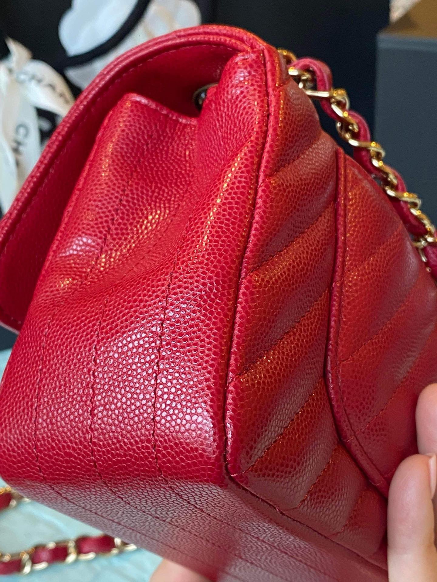 Chanel 18B mini caviar rectangle chevron deep raspberry-partial payment