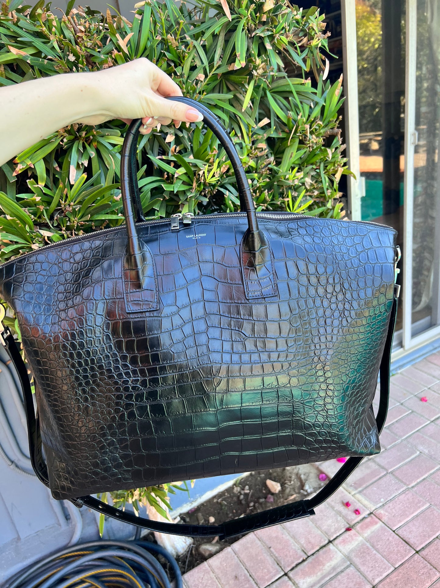 Yves Saint Laurent XL embossed croc black tote