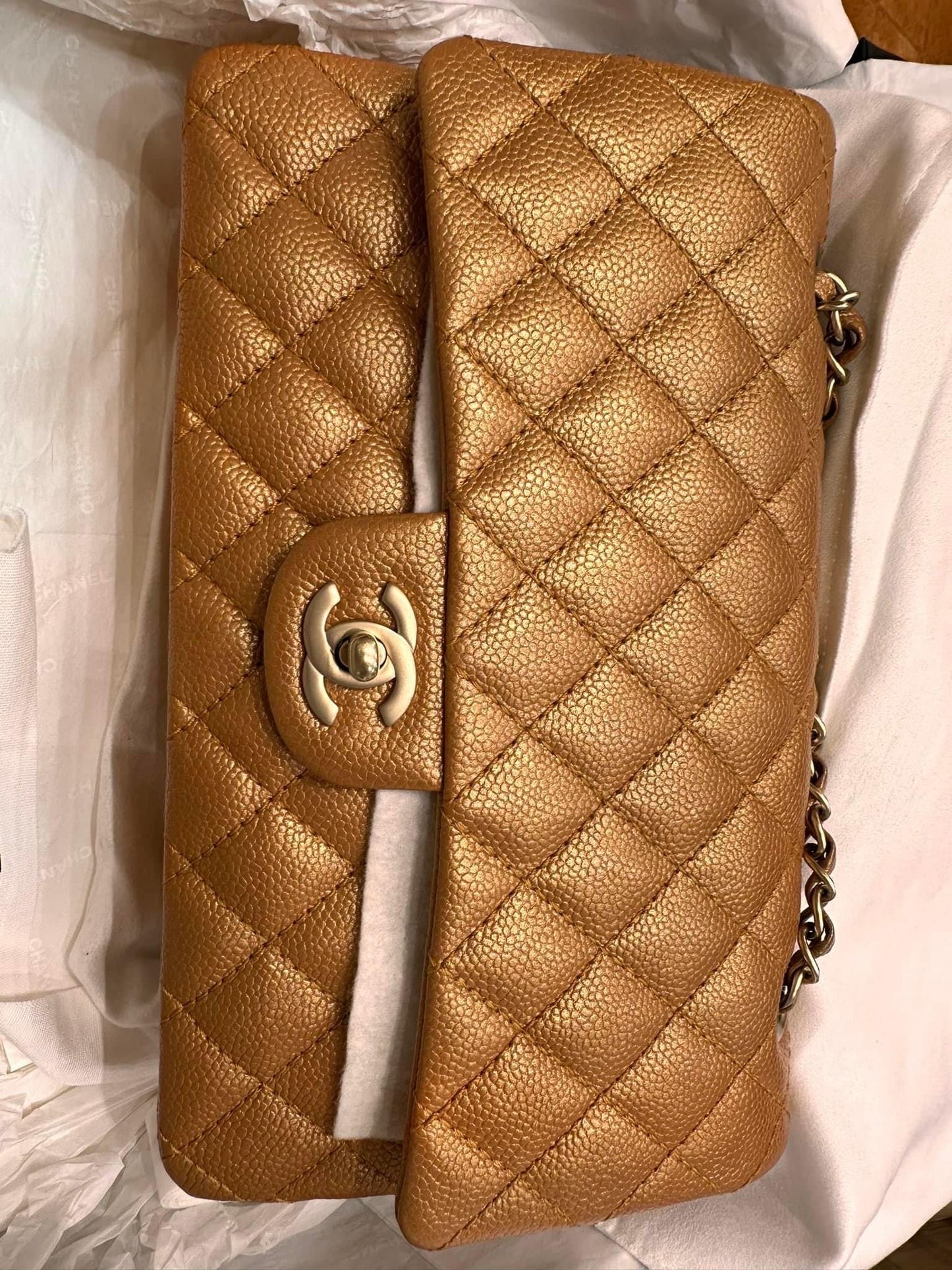 Chanel Medium Double Flap Caramel Caviar classic flap handbag Gold Hardware 21A