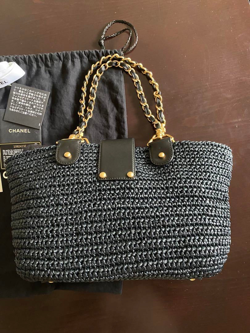 Chanel black raffia shoulder tote