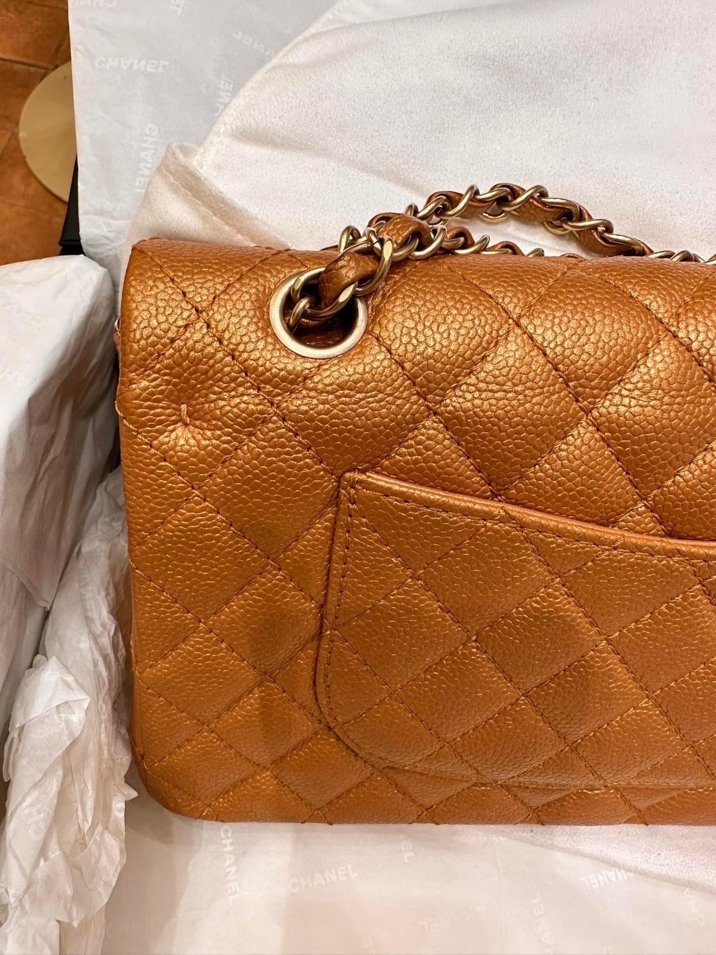 Chanel Medium Double Flap Caramel Caviar classic flap handbag Gold Hardware 21A