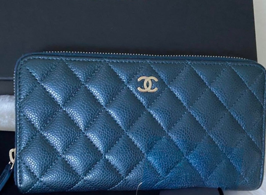Chanel iridescent navy zippy long wallet