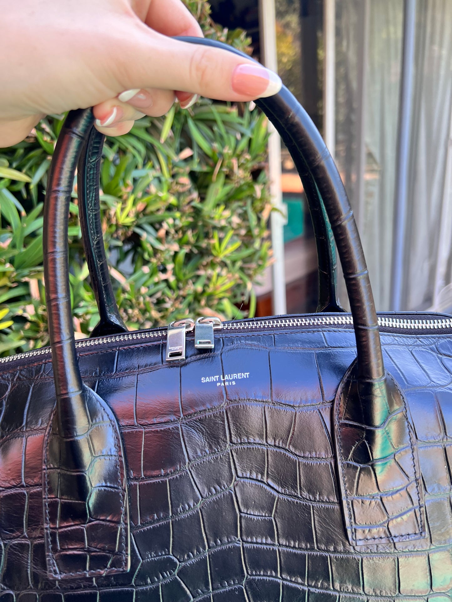 Yves Saint Laurent XL embossed croc black tote