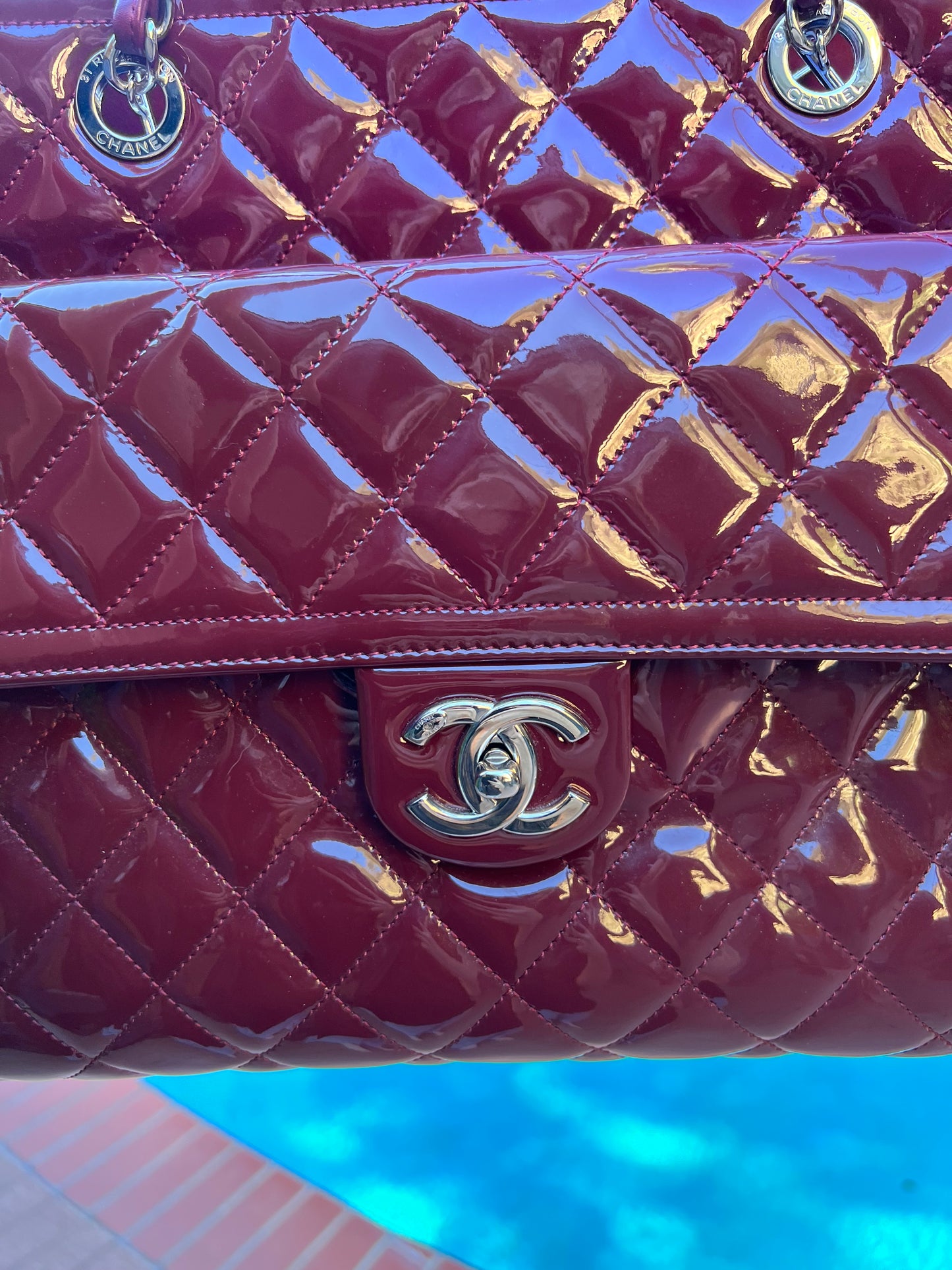 Chanel burgundy patent XL shopper tote