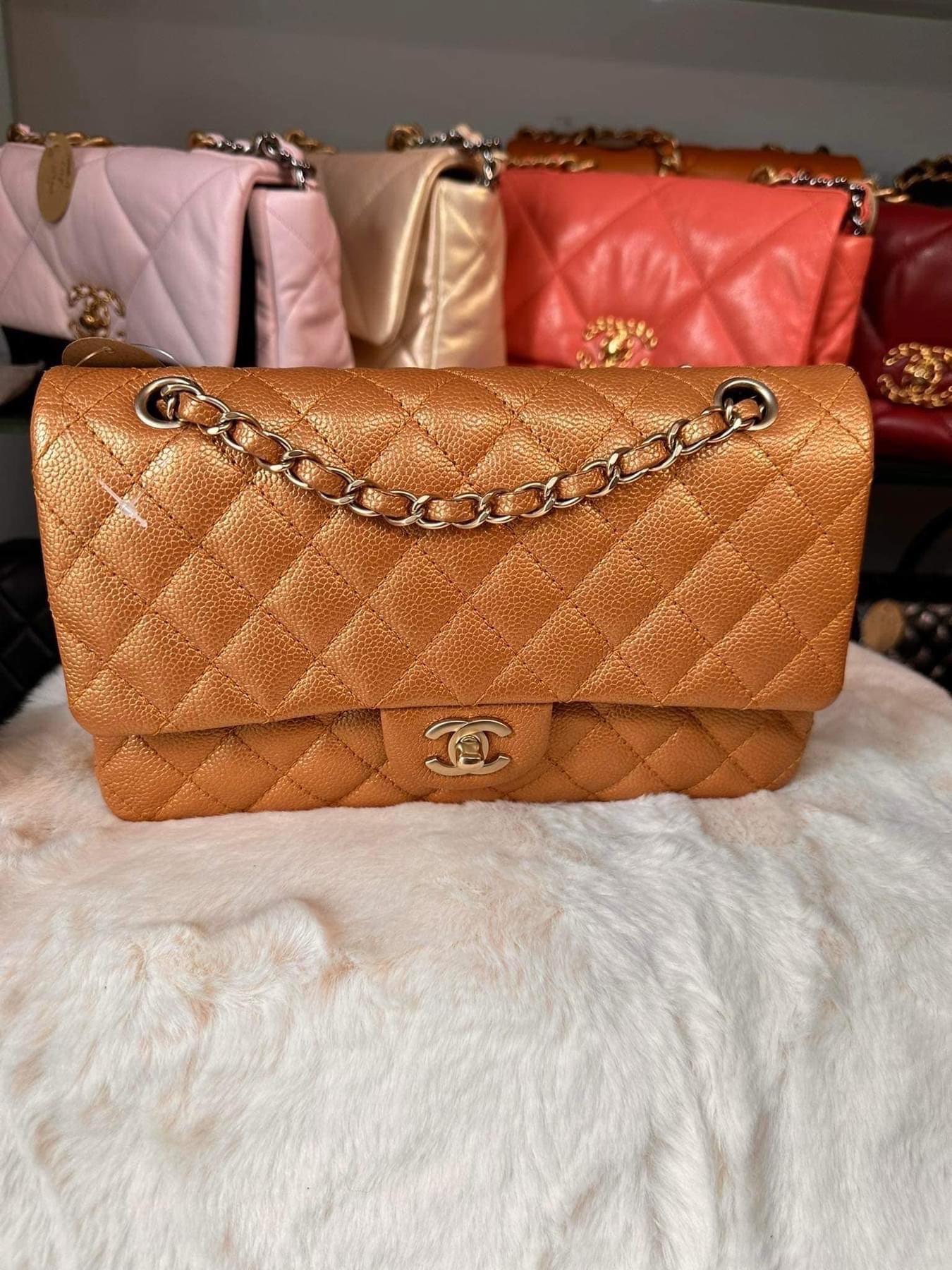 Chanel Medium Double Flap Caramel Caviar classic flap handbag Gold Hardware 21A