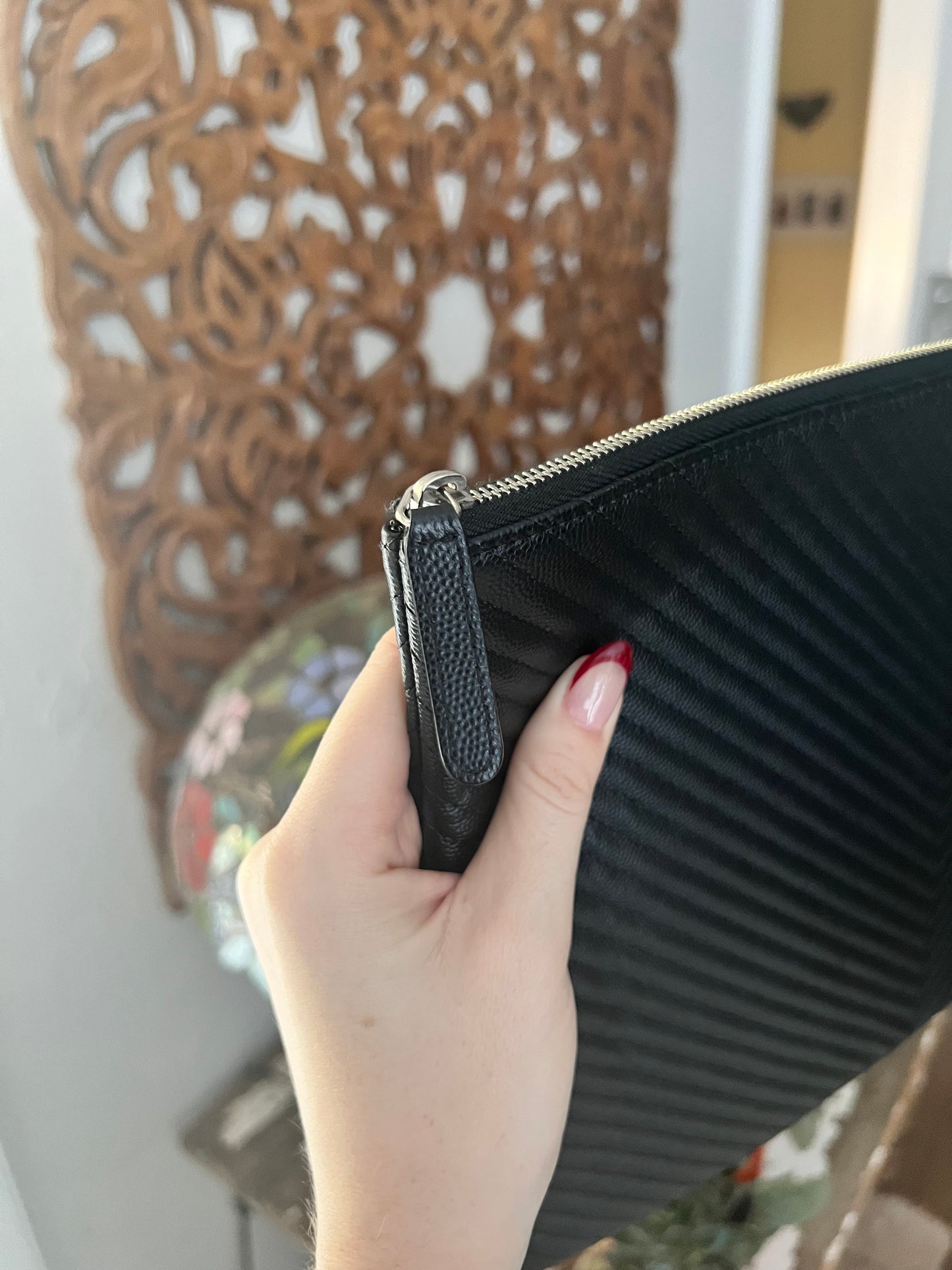 Chanel Large black caviar thin chevron O pouch