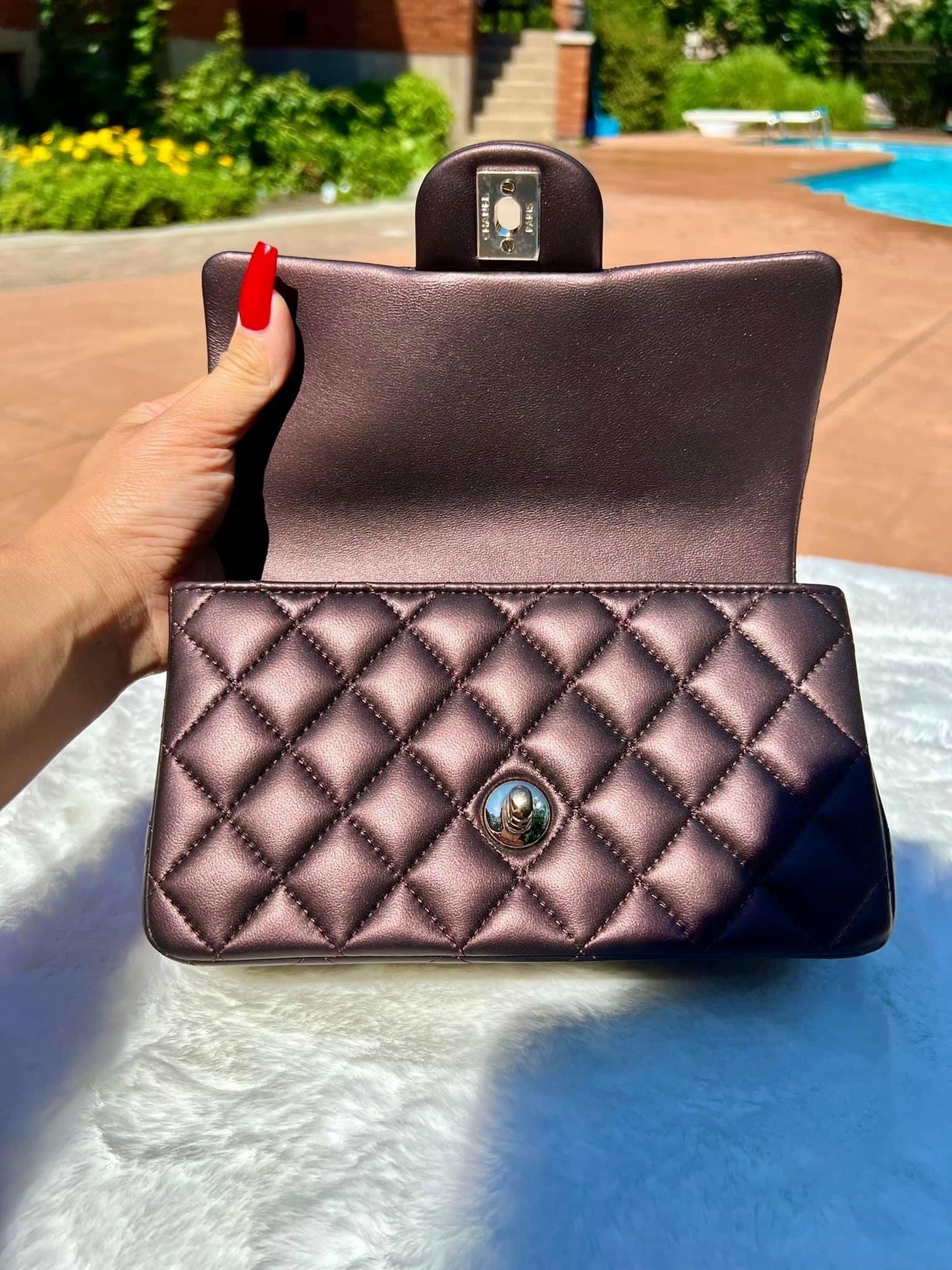 Chanel mini top handle iridescent dark purple quilted lambskin with light gold hardware