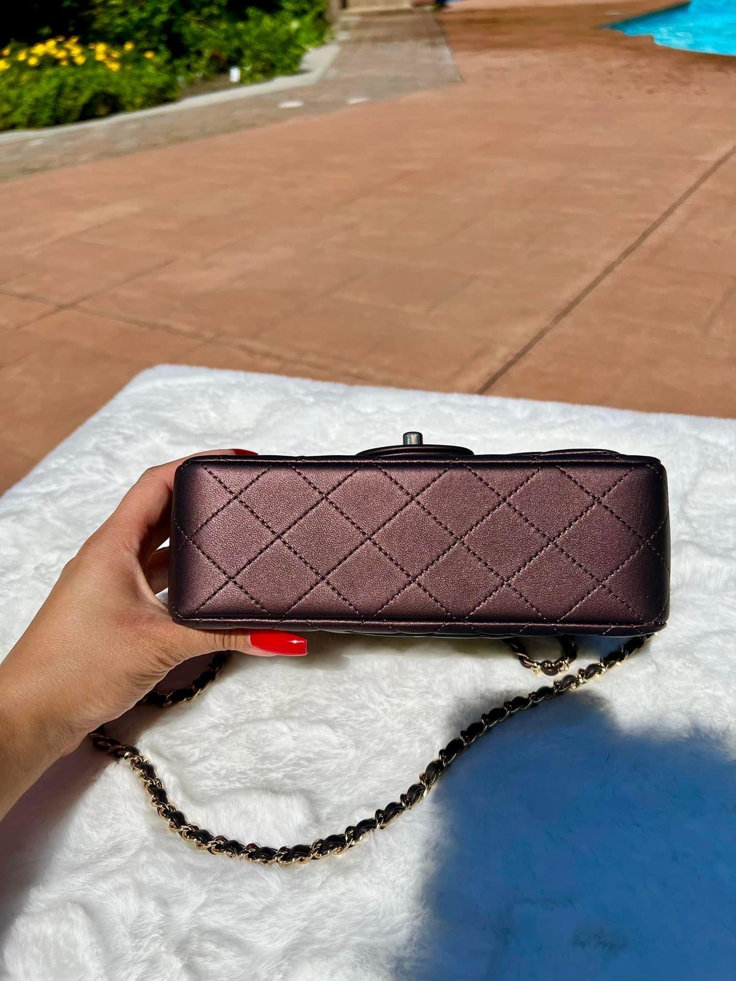 Chanel mini top handle iridescent dark purple quilted lambskin with light gold hardware