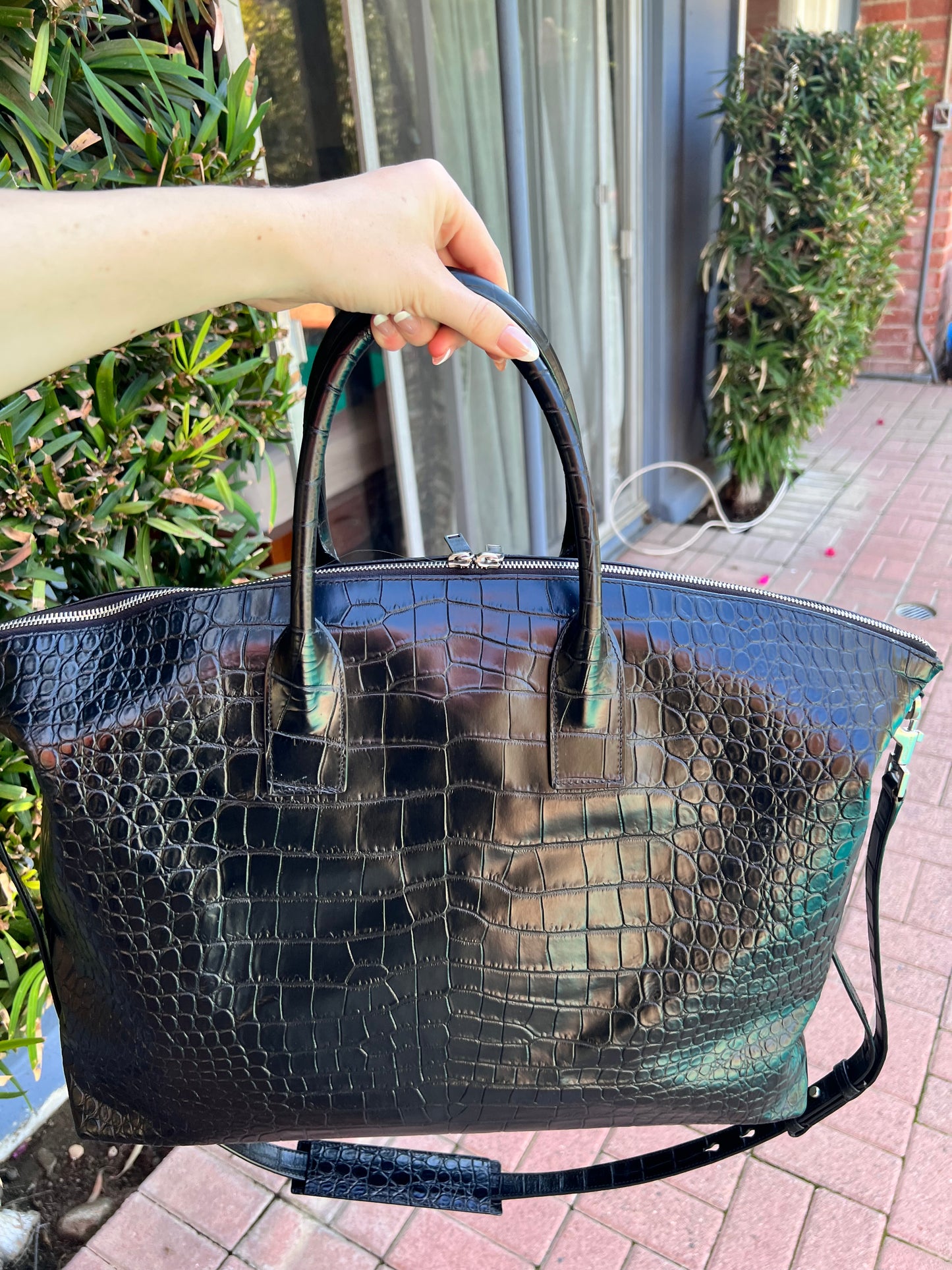Yves Saint Laurent XL embossed croc black tote