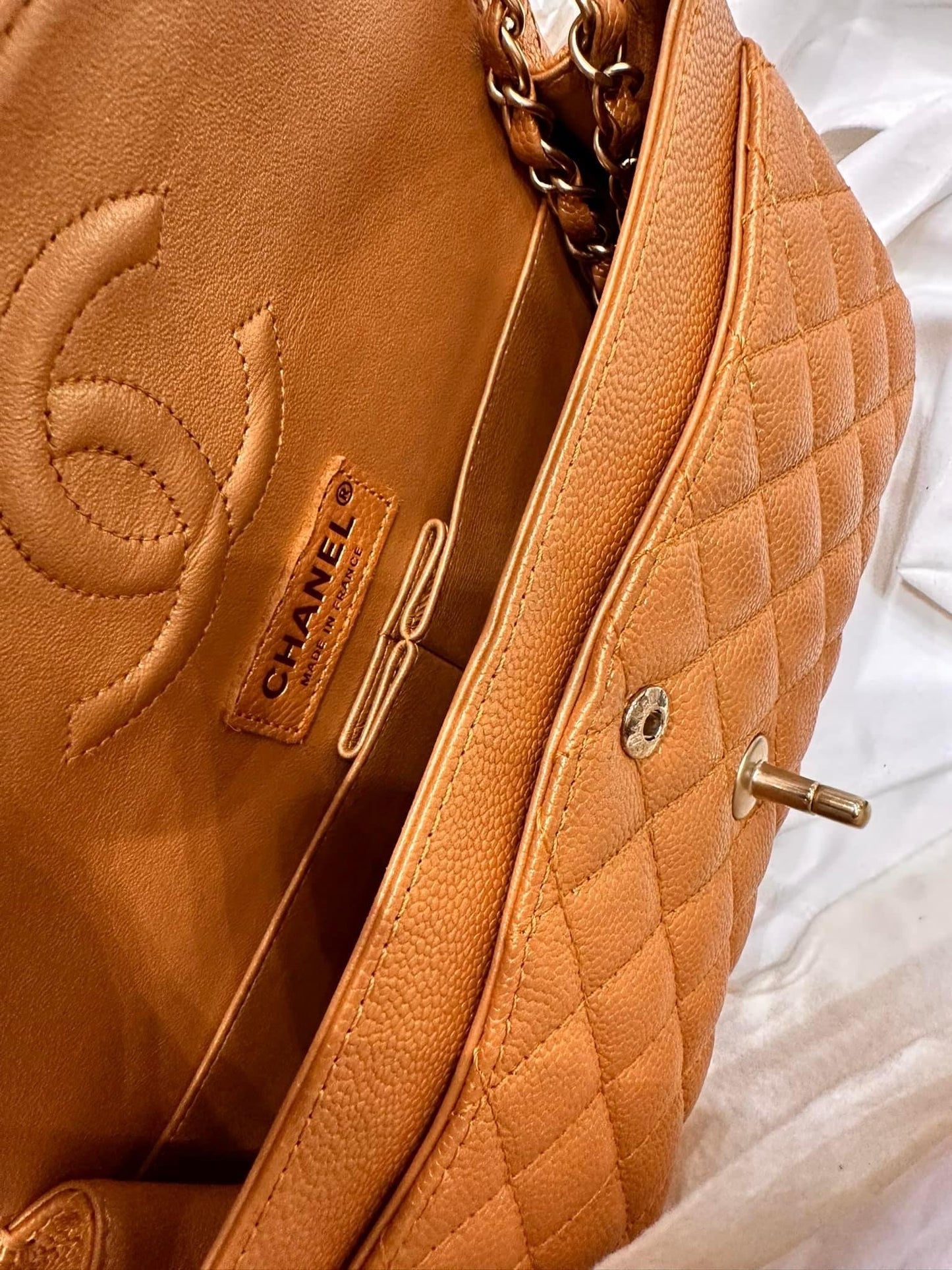Chanel Medium Double Flap Caramel Caviar classic flap handbag Gold Hardware 21A