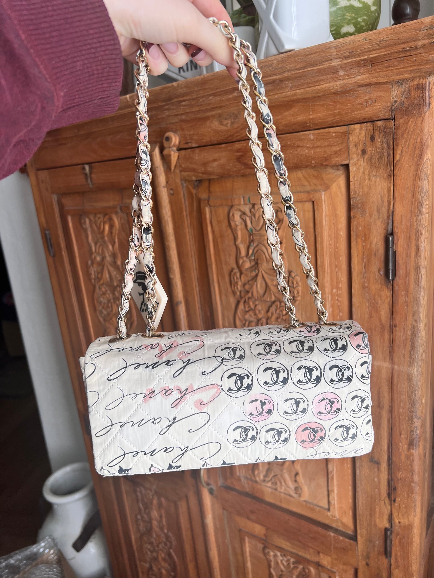 Limited edition vintage Coco creamy graffiti flap with Coco mirror charm bag
