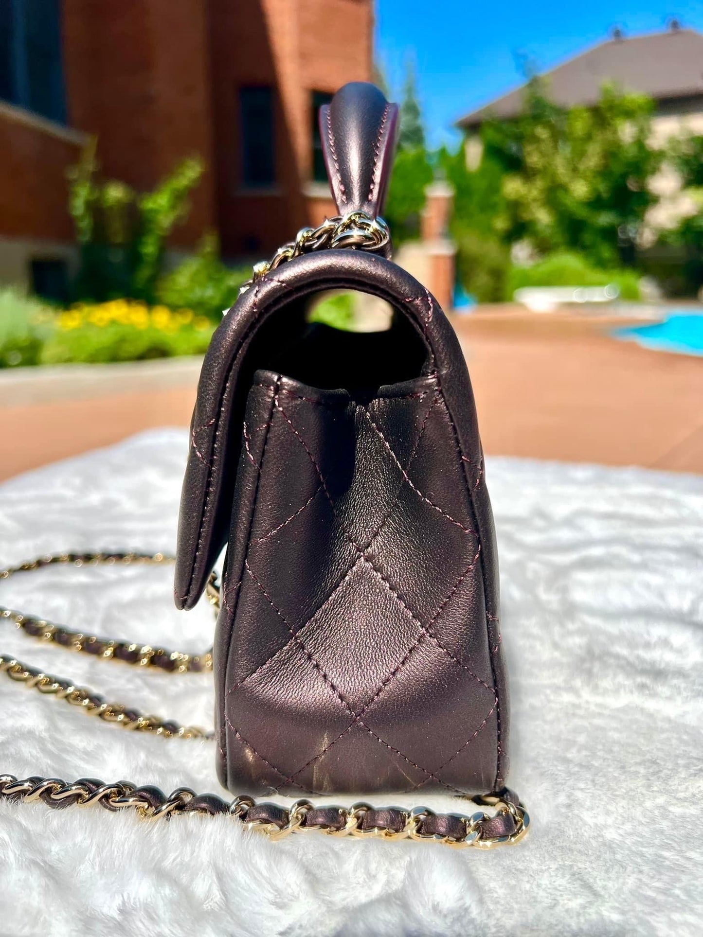 Chanel mini top handle iridescent dark purple quilted lambskin with light gold hardware