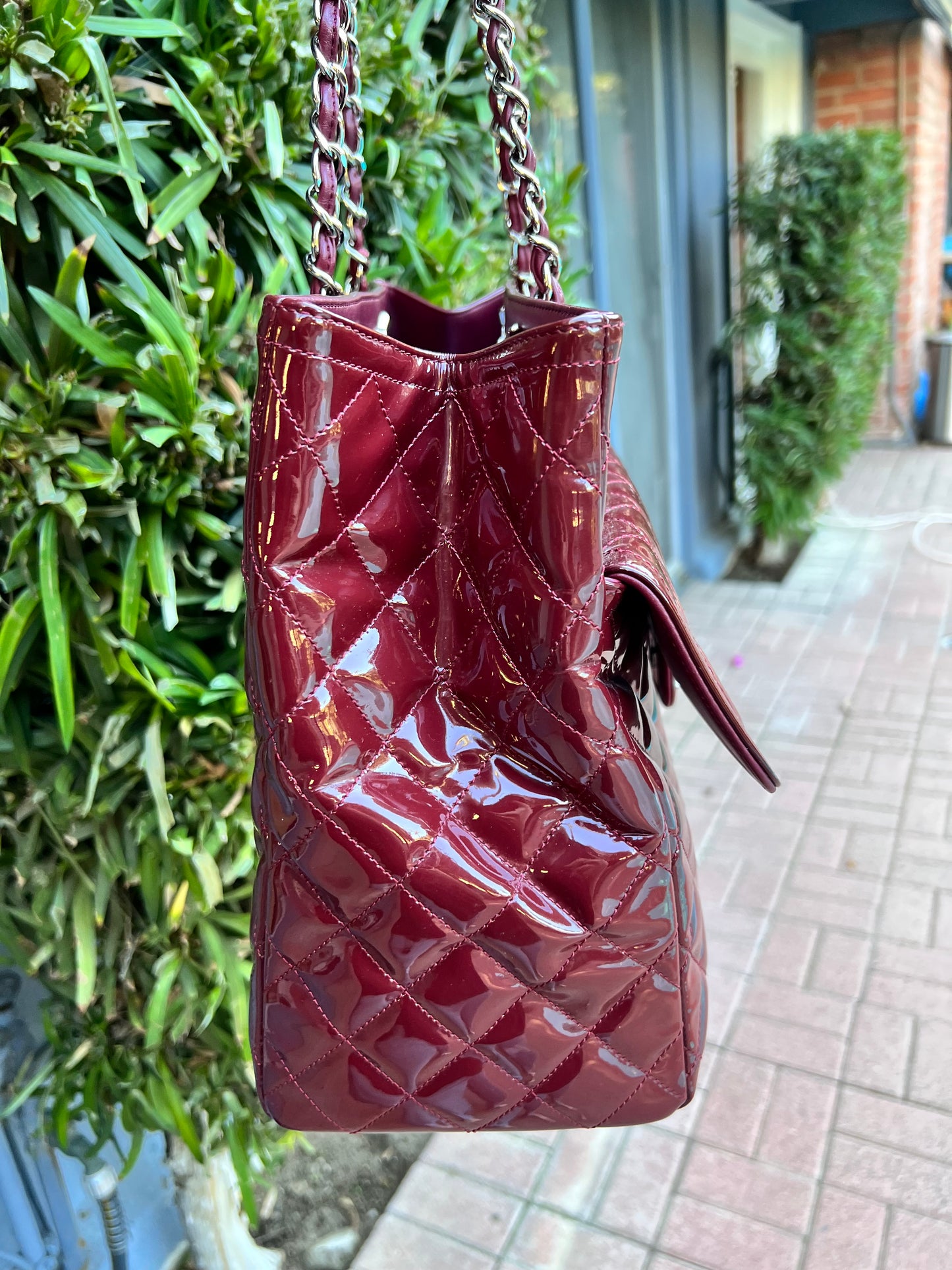 Chanel burgundy patent XL shopper tote