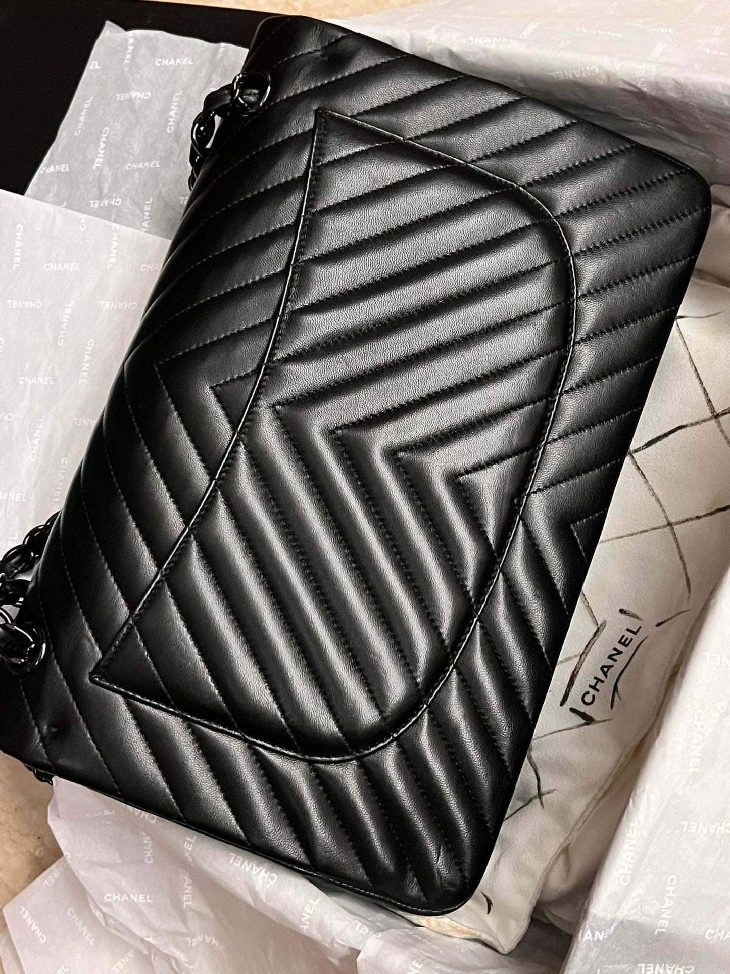 Chanel So Black chevron jumbo double flap