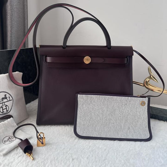 Hermes herbag 31 Rouge Sellier Vache Hunter Coated Toile GHW ST:Z