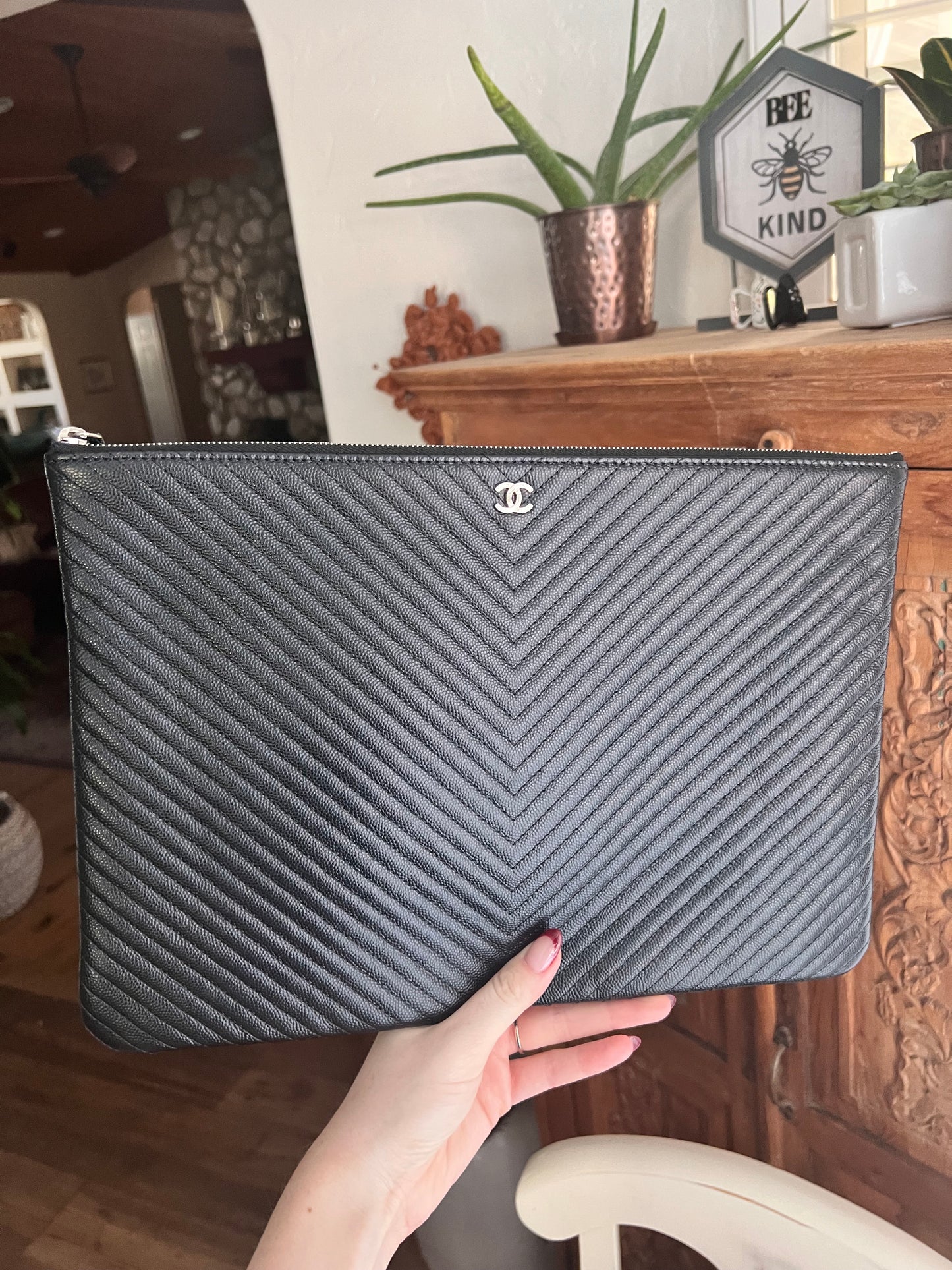 Chanel Large black caviar thin chevron O pouch