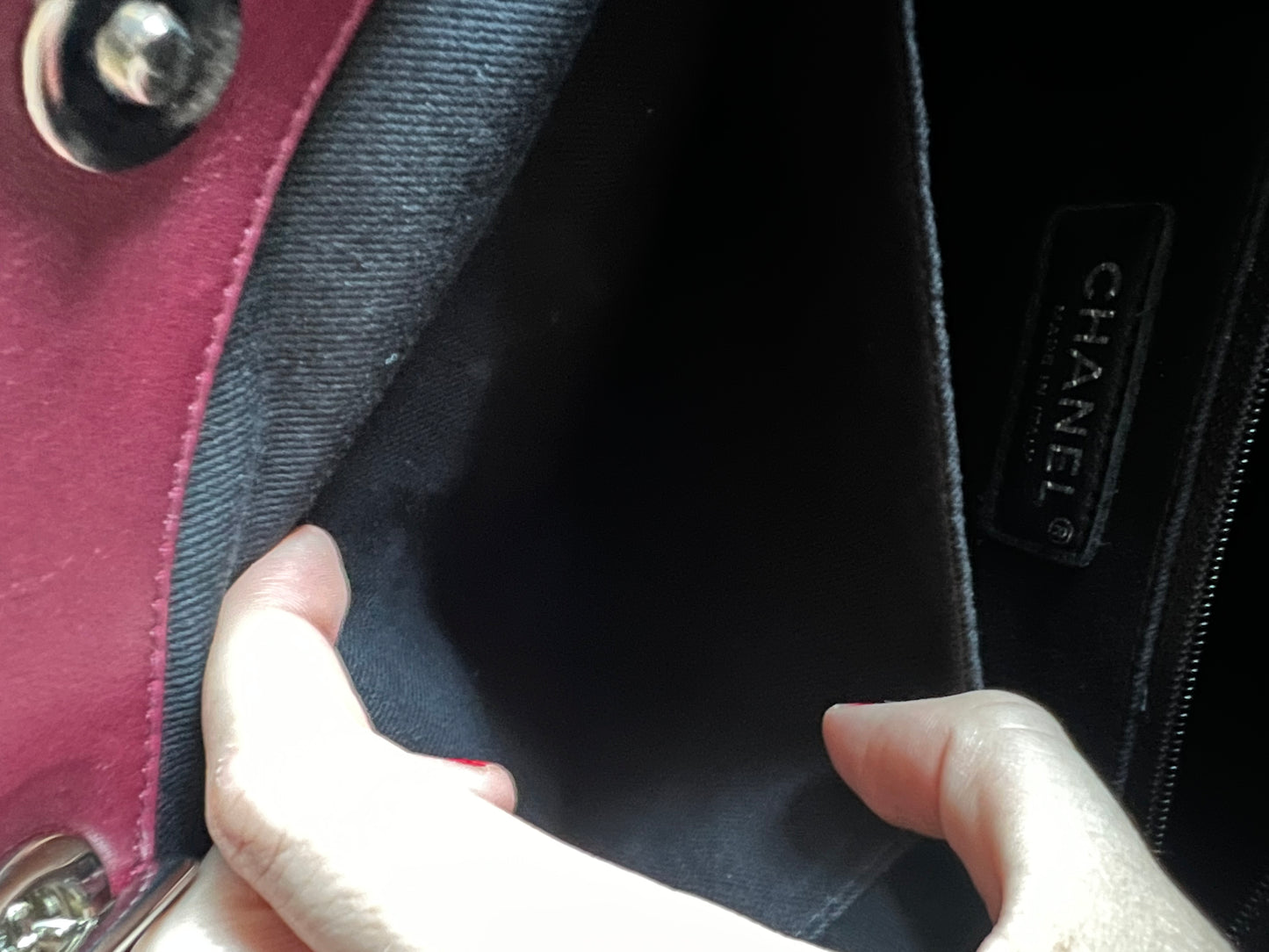 Chanel burgundy patent XL shopper tote