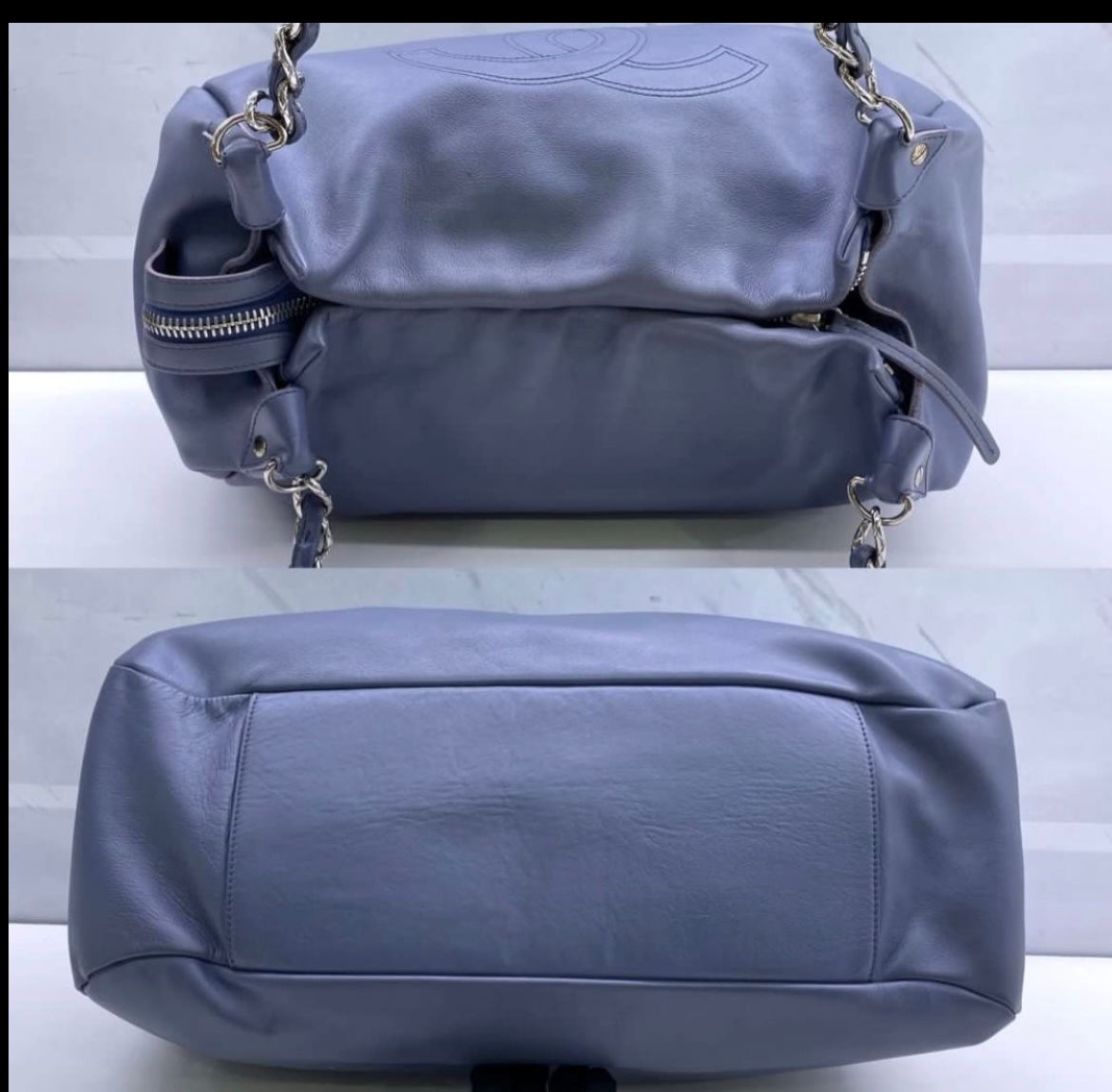 Chanel slate blue calfskin large CC stitch hobo tote