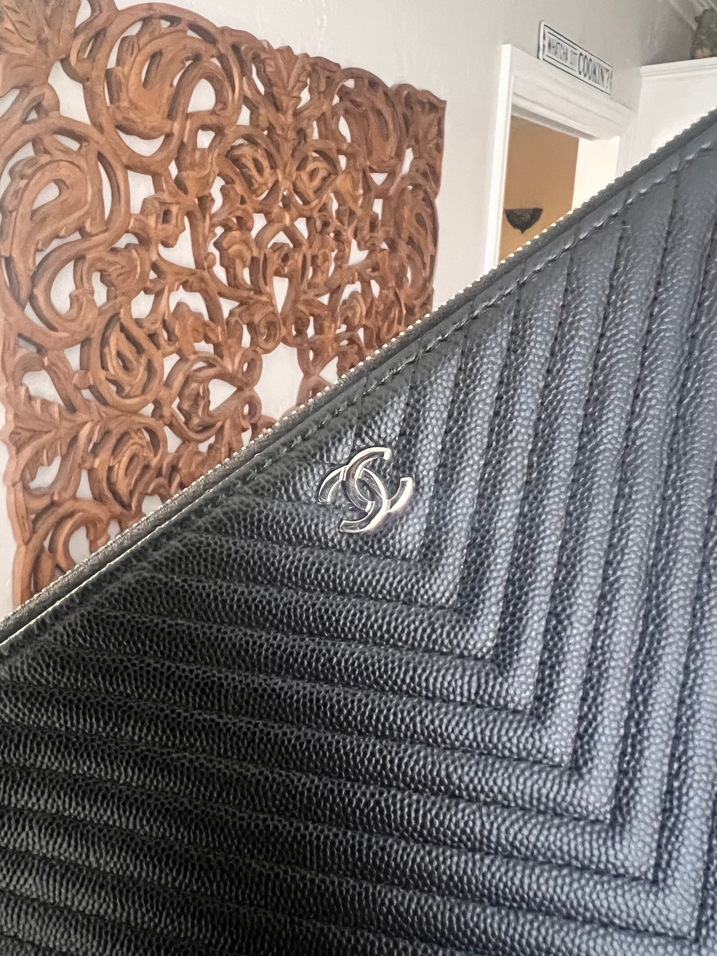 Chanel Large black caviar thin chevron O pouch