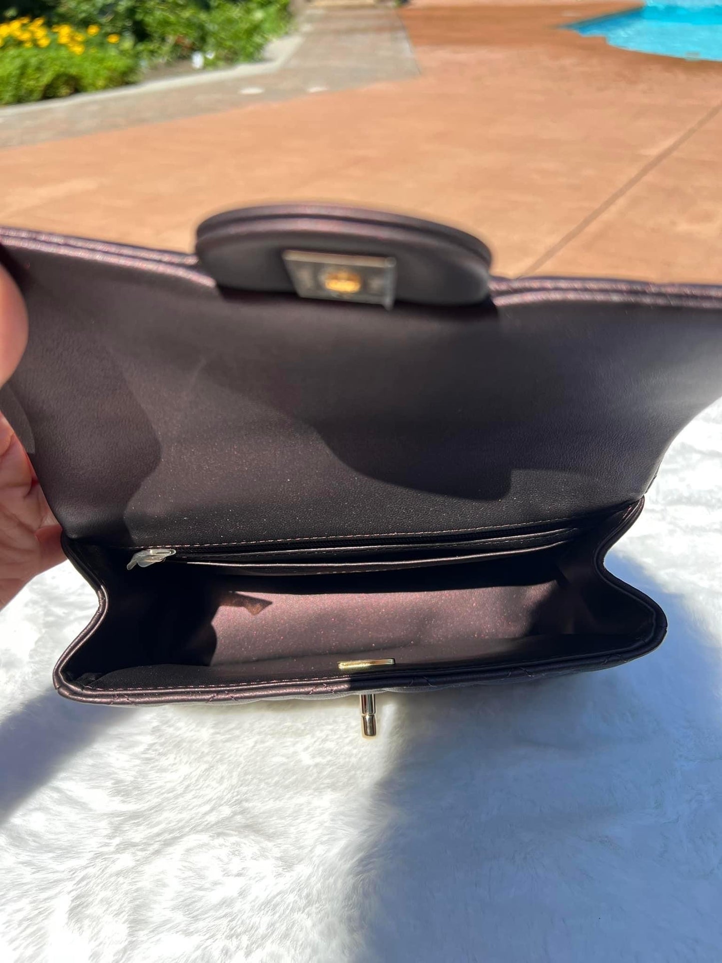 Chanel mini top handle iridescent dark purple quilted lambskin with light gold hardware