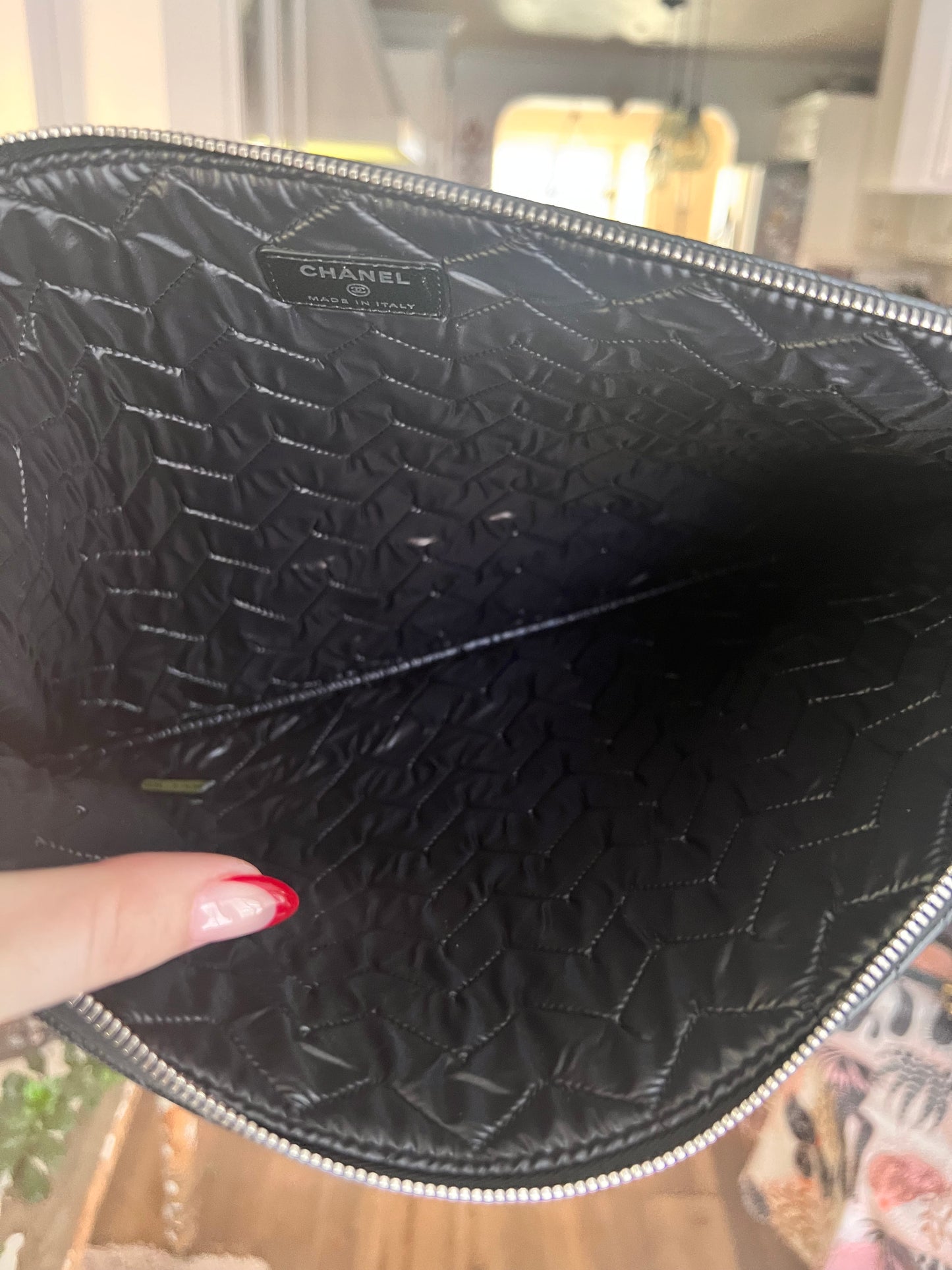 Chanel Large black caviar thin chevron O pouch