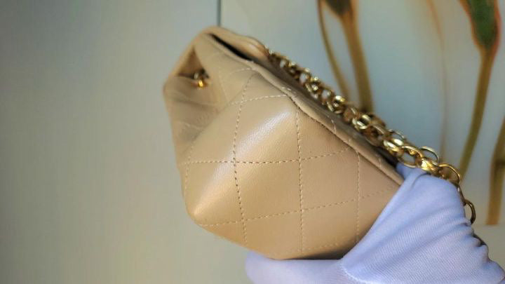 Chanel Mini square beige lambskin with 24k gold plated bijou chain