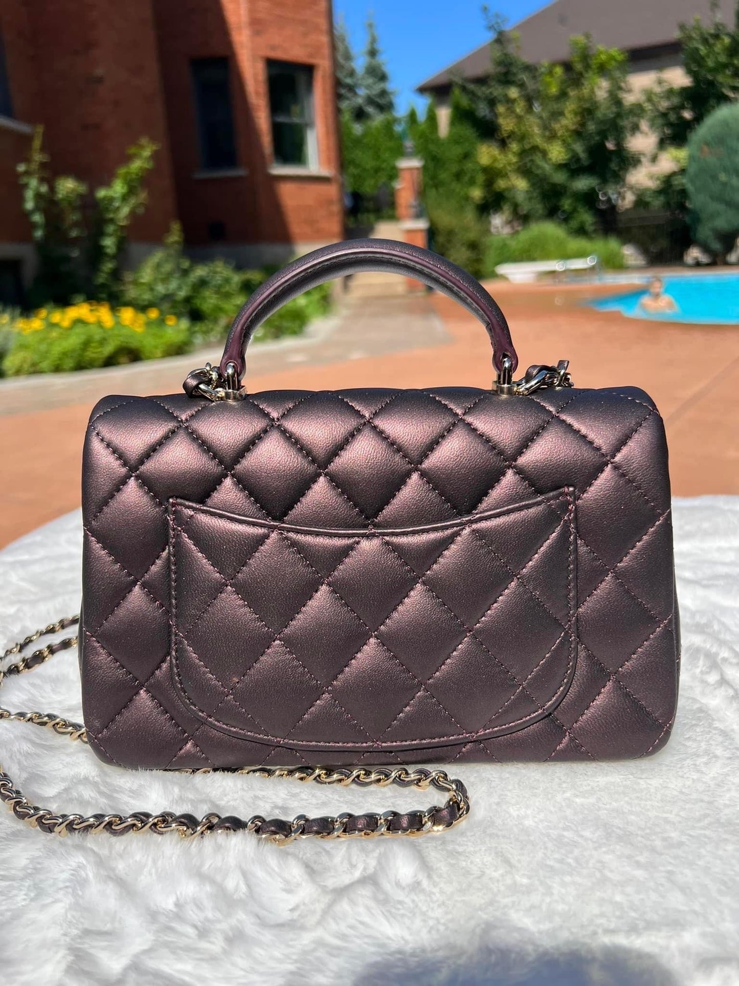 Chanel mini top handle iridescent dark purple quilted lambskin with light gold hardware