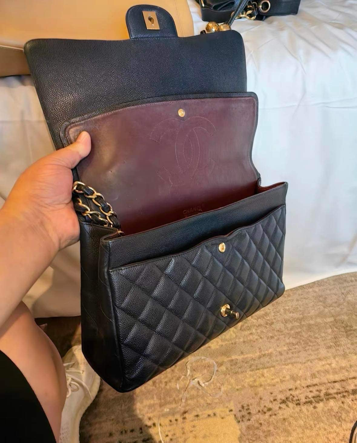 Chanel navy blue caviar maxi double flap GHW
