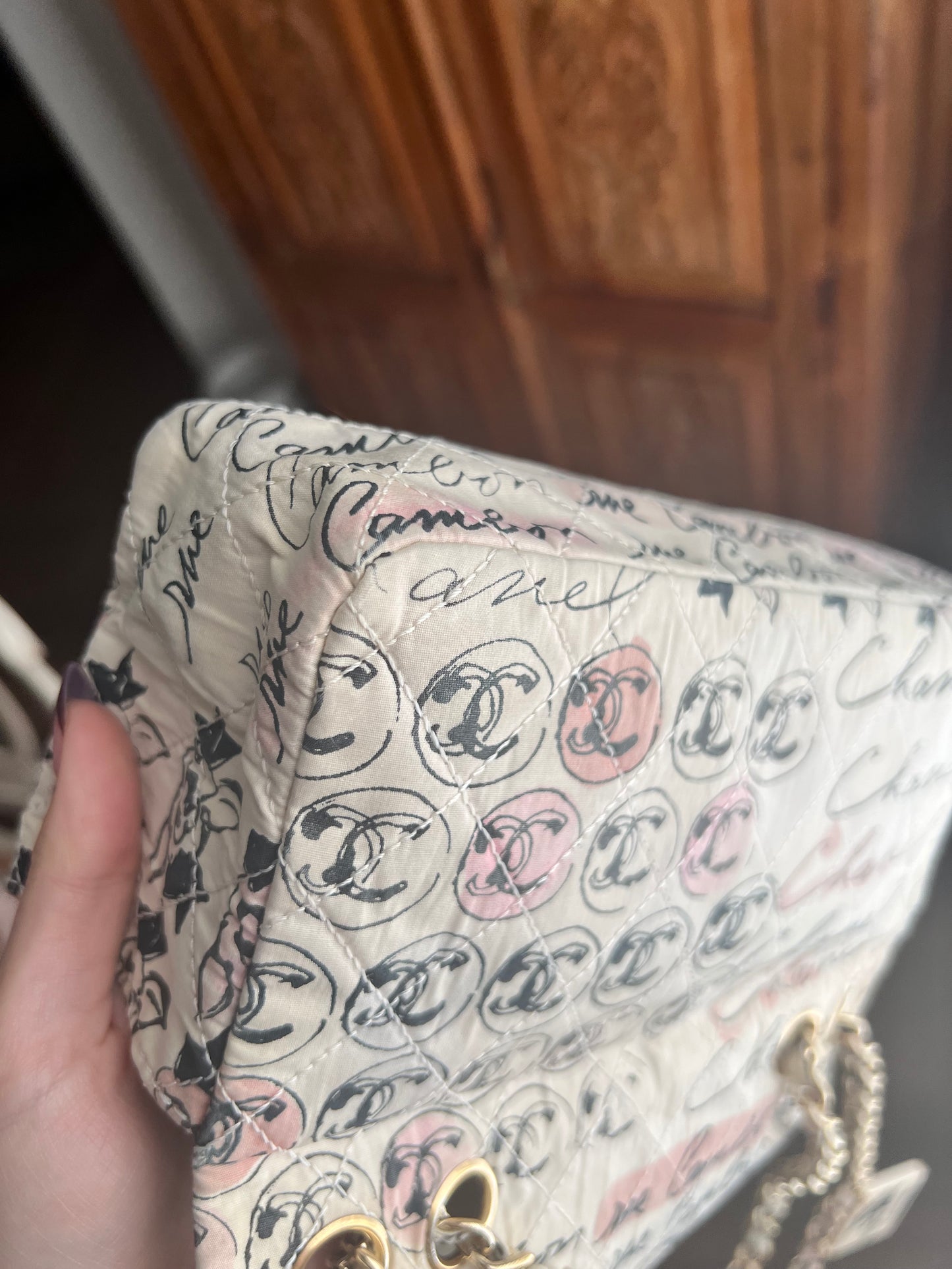 Limited edition vintage Coco creamy graffiti flap with Coco mirror charm bag
