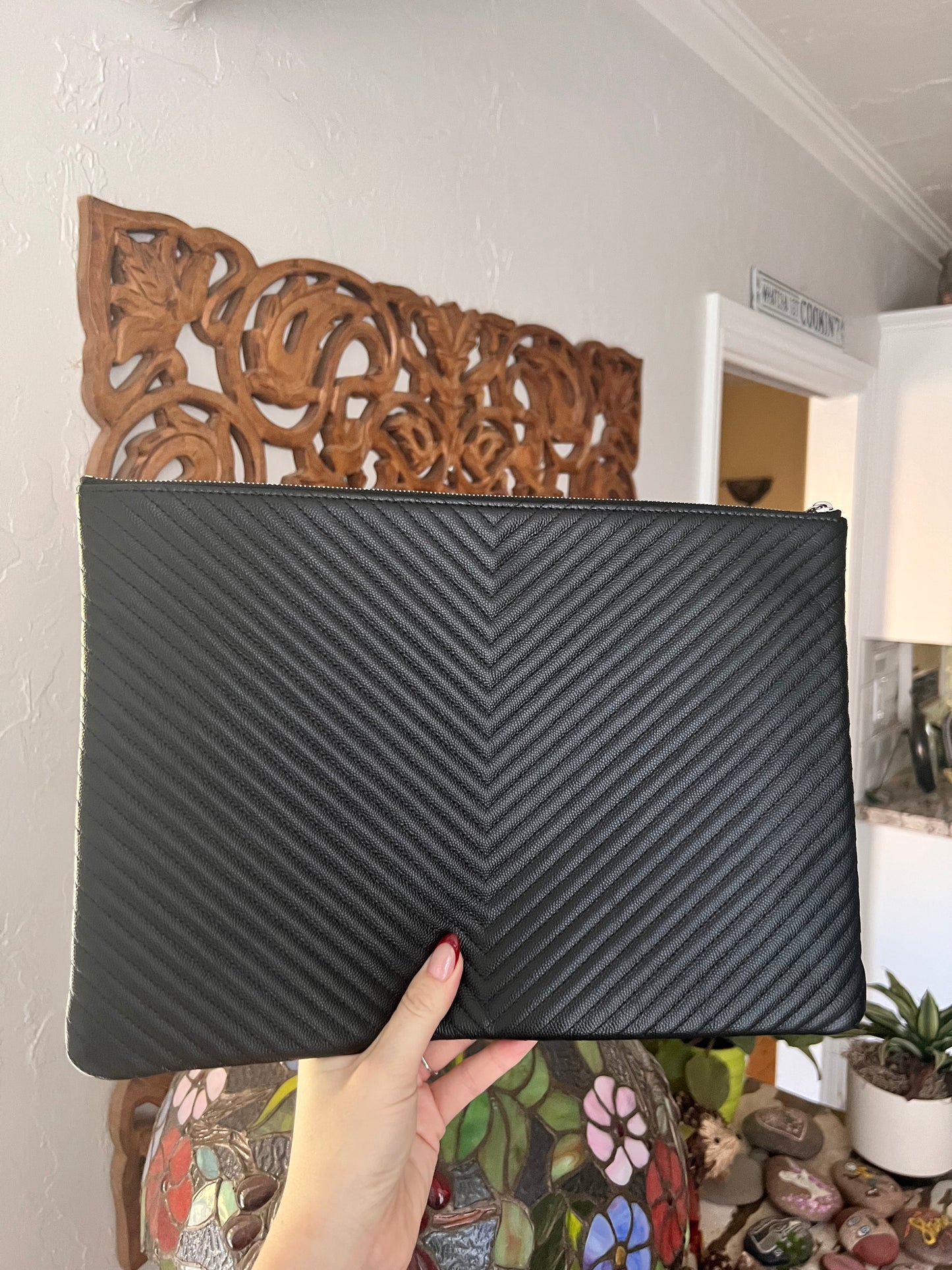 Chanel Large black caviar thin chevron O pouch