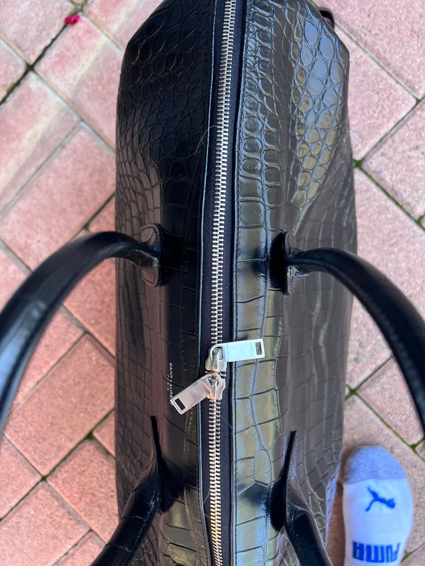 Yves Saint Laurent XL embossed croc black tote