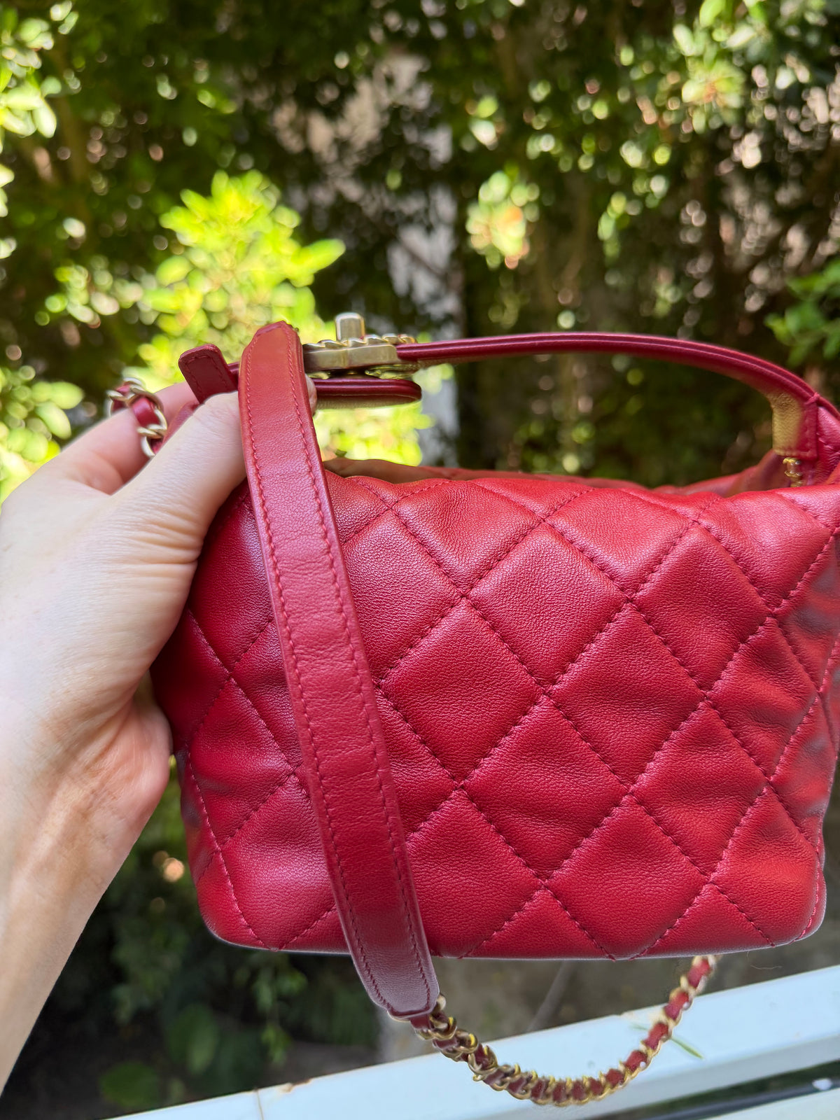 Chanel red lambskin CC turnlock top handle small hobo on chain