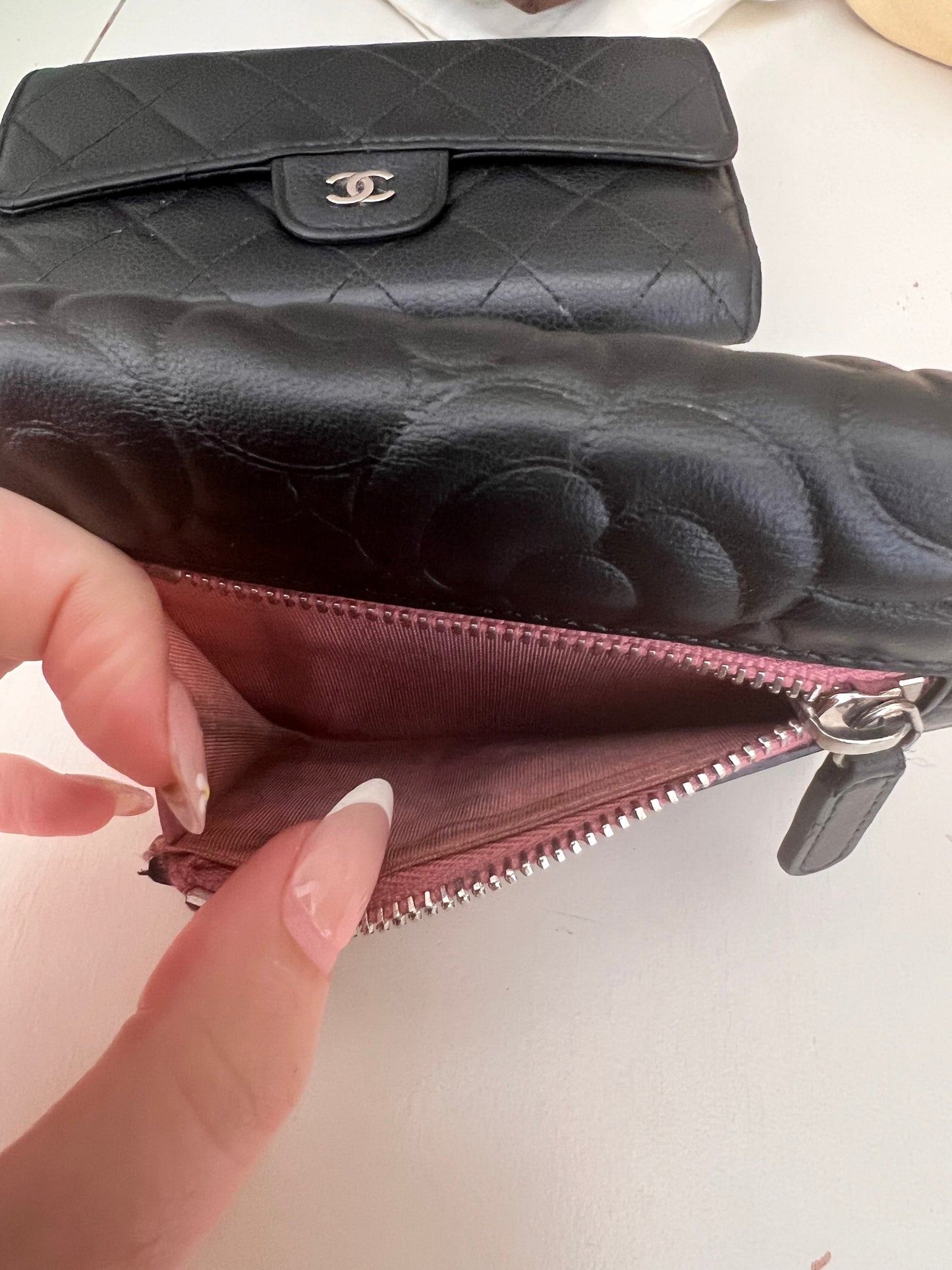Chanel Camellia black leather compact trifold wallet