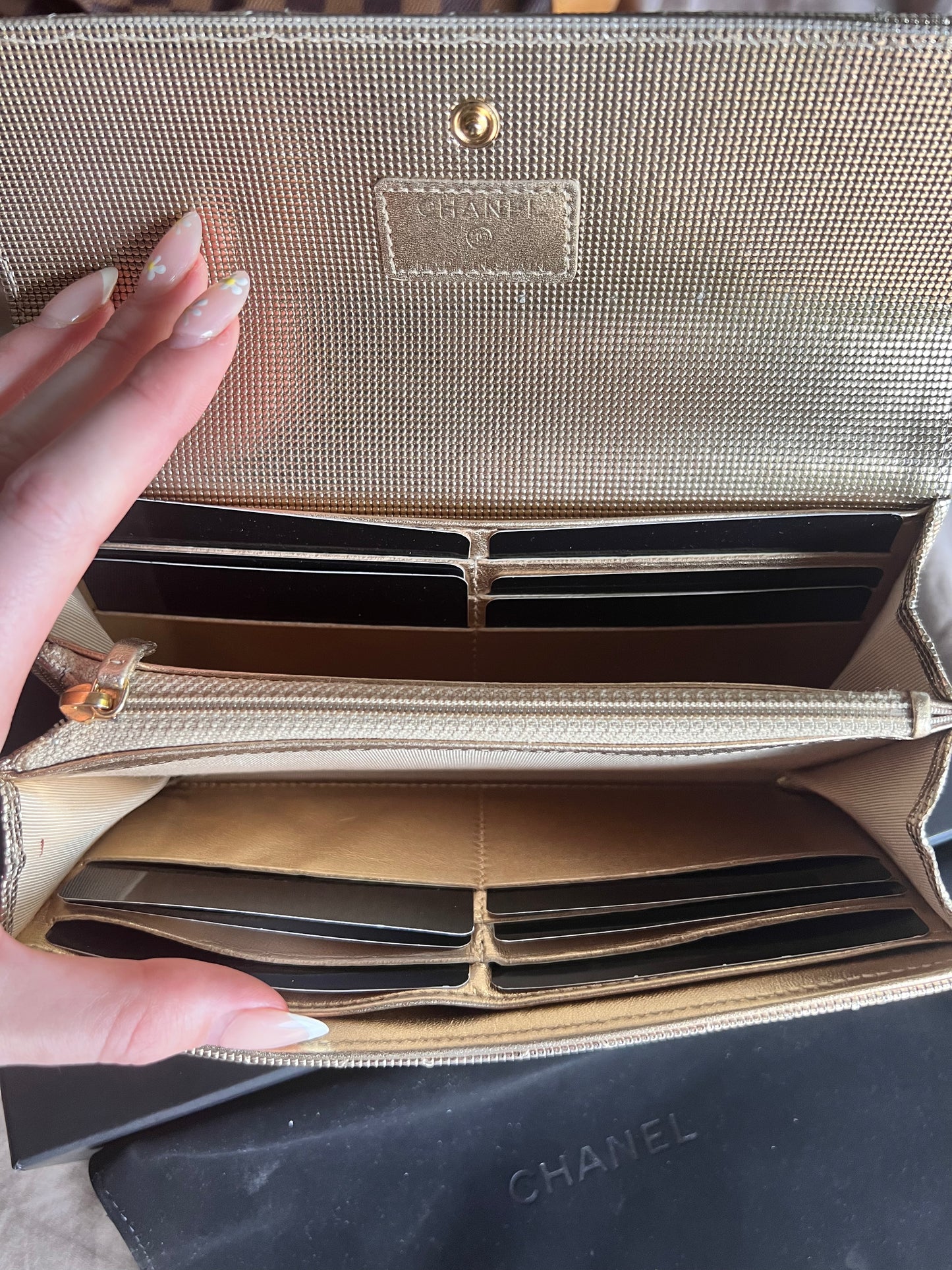 Chanel gold shimmer caviar pebble long wallet