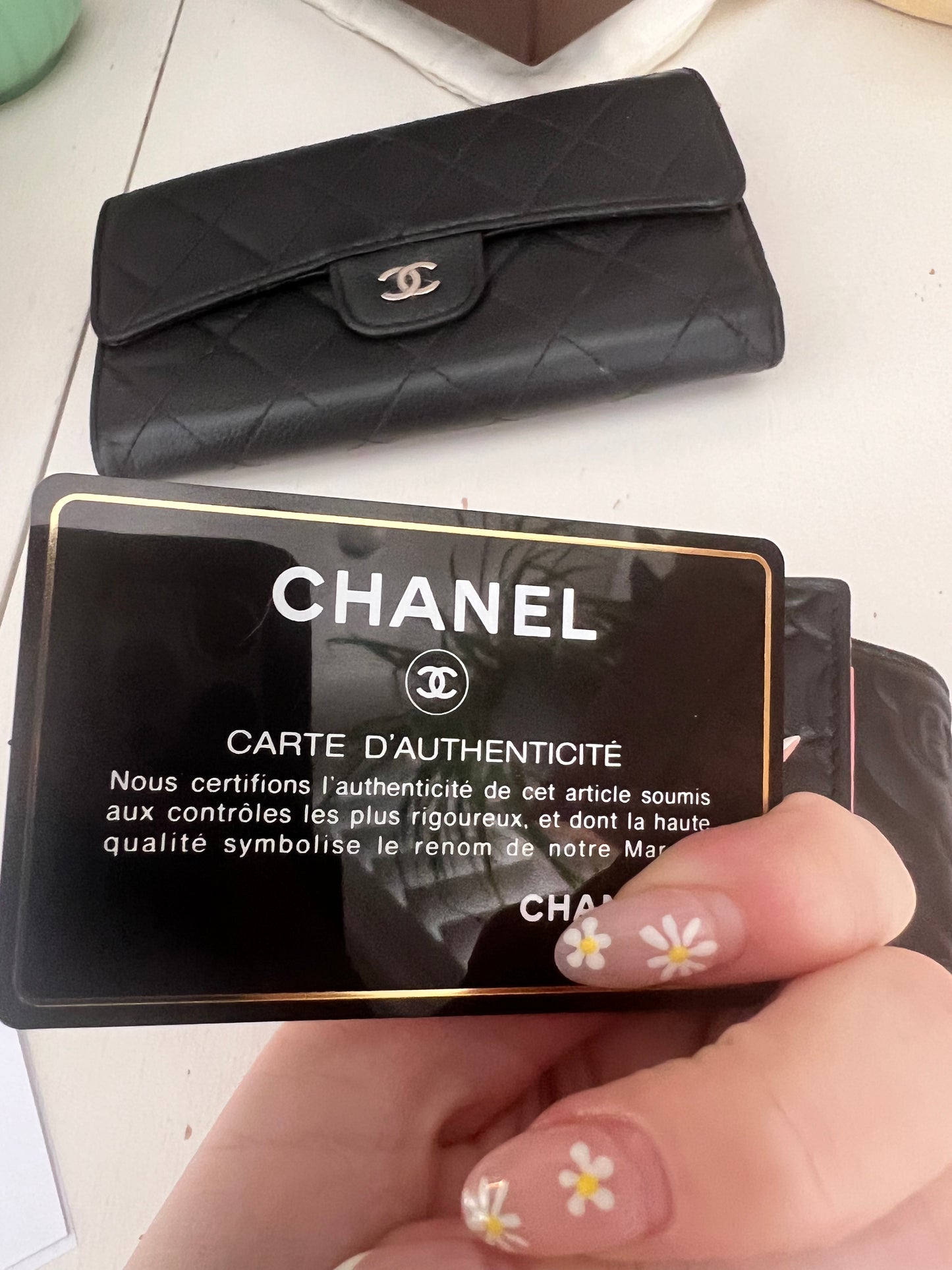 Chanel Camellia black leather compact trifold wallet