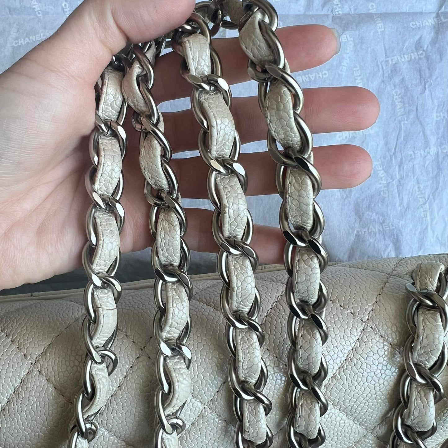 Chanel beige caviar jumbo double flap