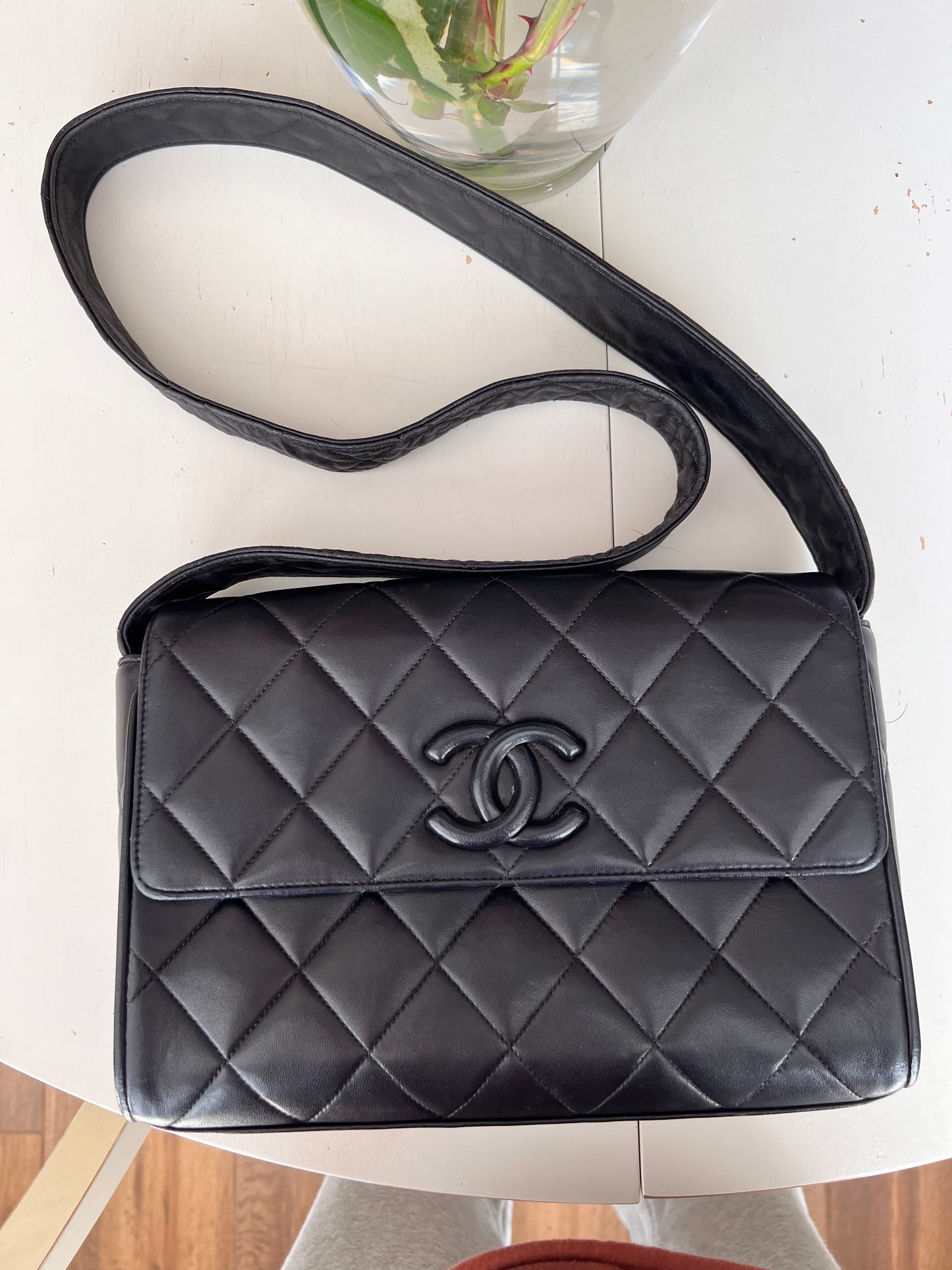 Chanel vintage CC lambskin covered messenger crossbody flap bag