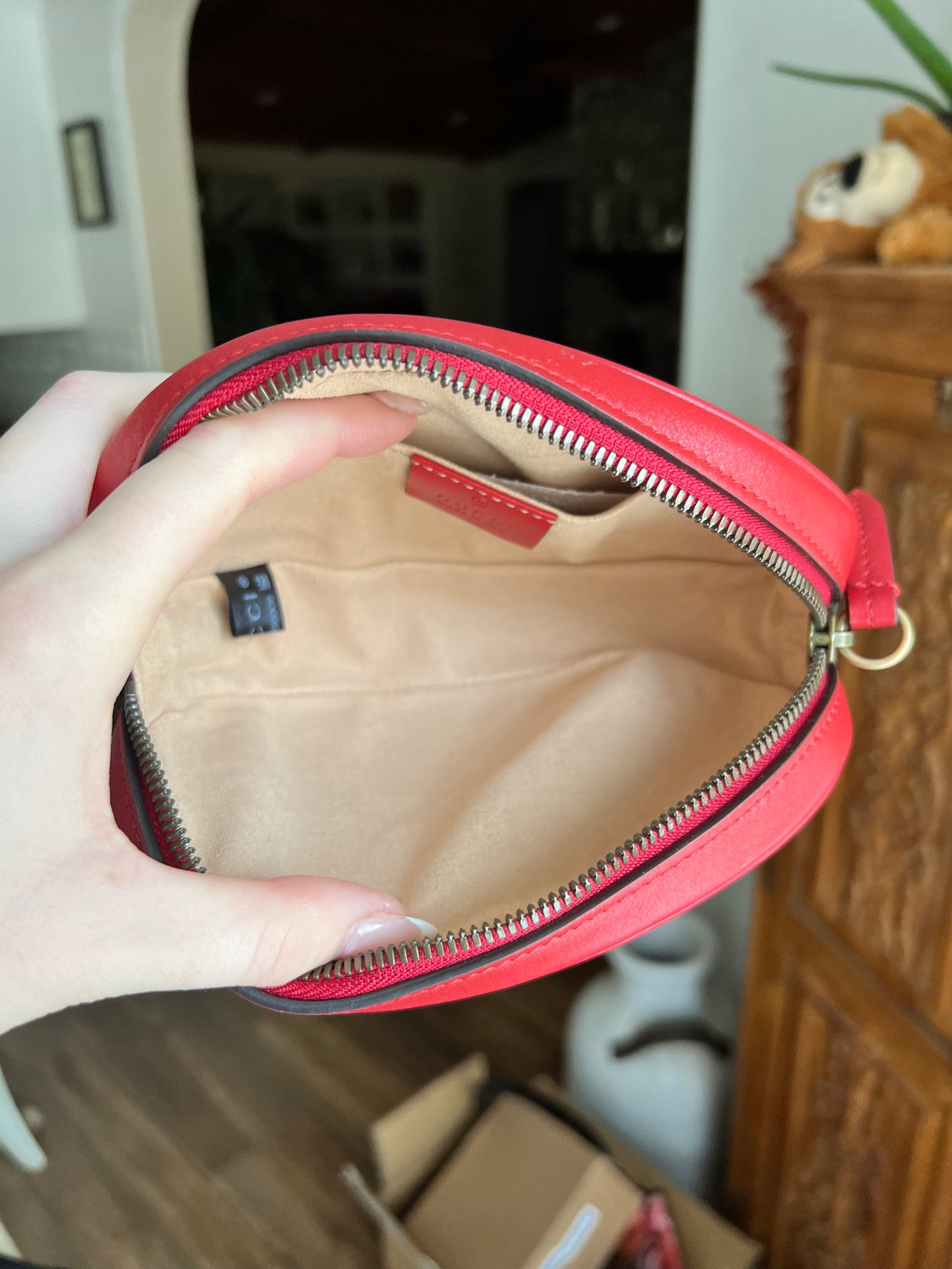 GUCCI Calfskin Matelasse GG Marmont Belt Bag size 65 or 26 in Hibiscus Red