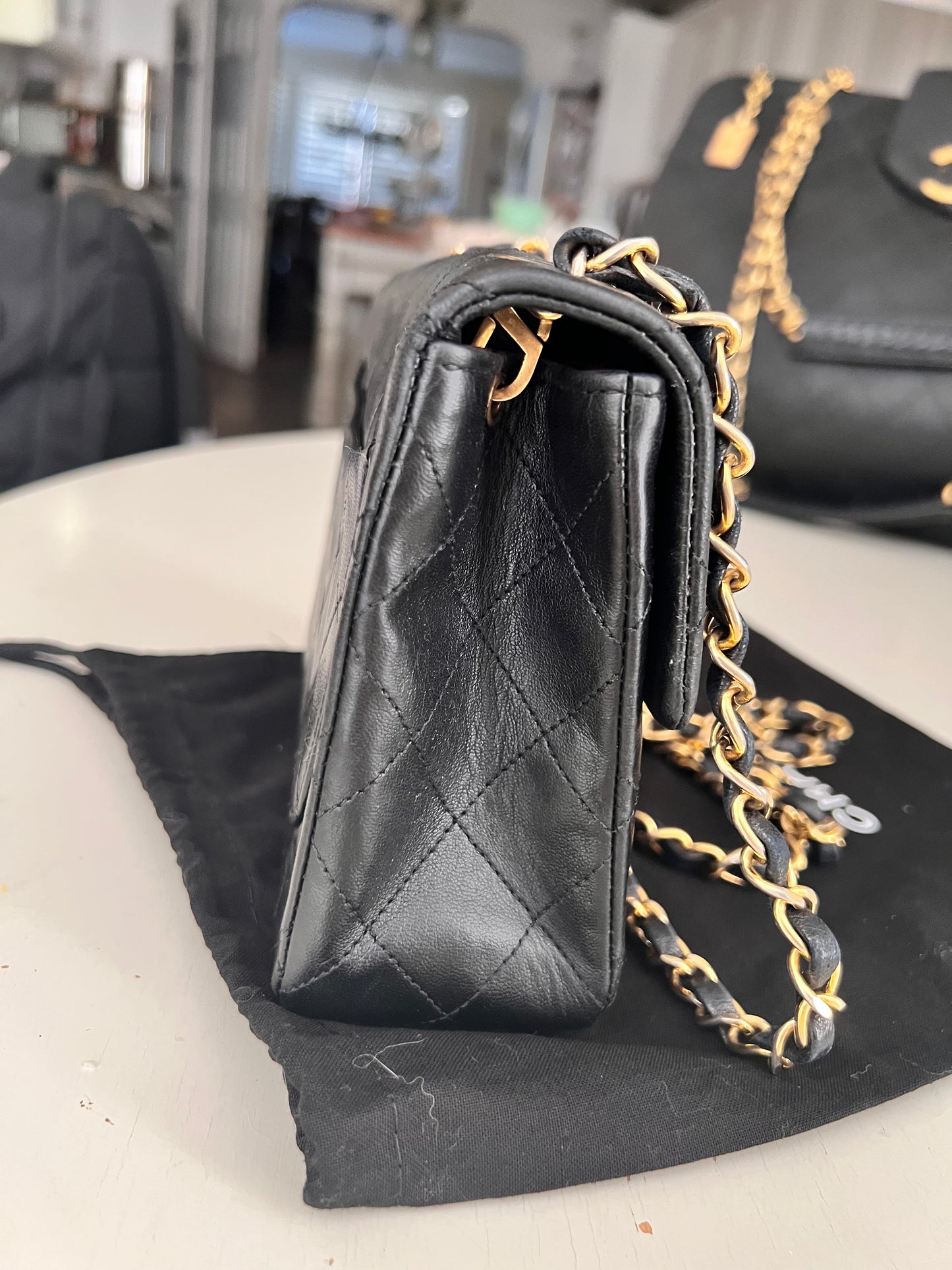 Chanel vintage mini square black lambskin 24k ghw