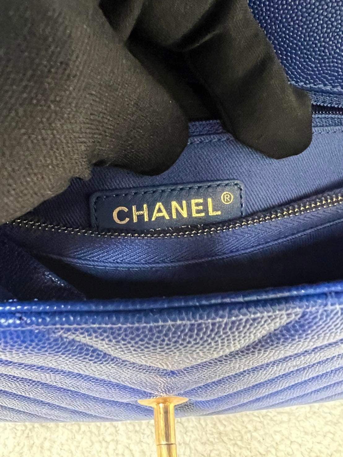 Chanel Coco handle 18A blue caviar chevron 2 way tote