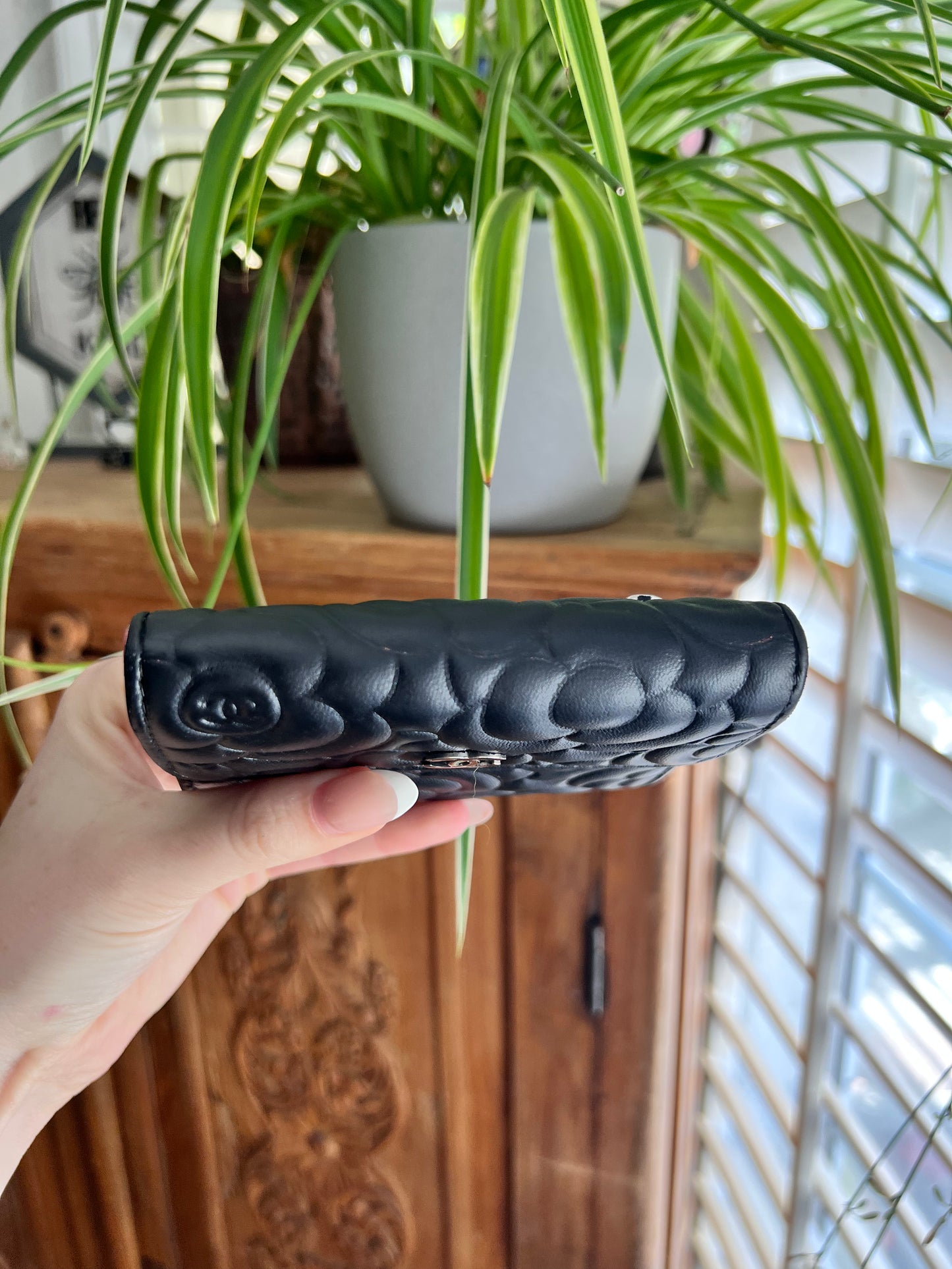Chanel Camellia black leather compact trifold wallet