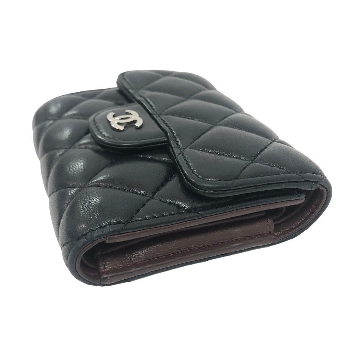 Chanel black lambskin compact trifold wallet