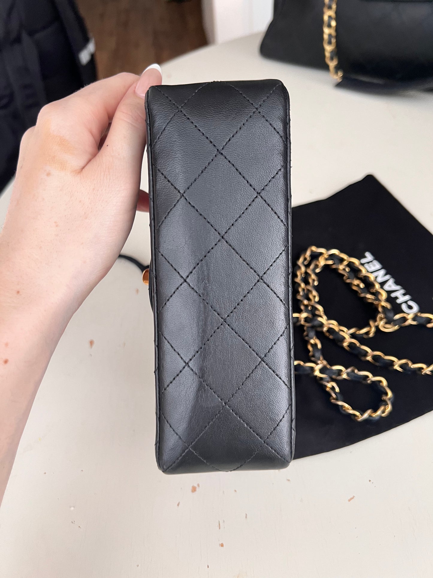 Chanel vintage mini square black lambskin 24k ghw