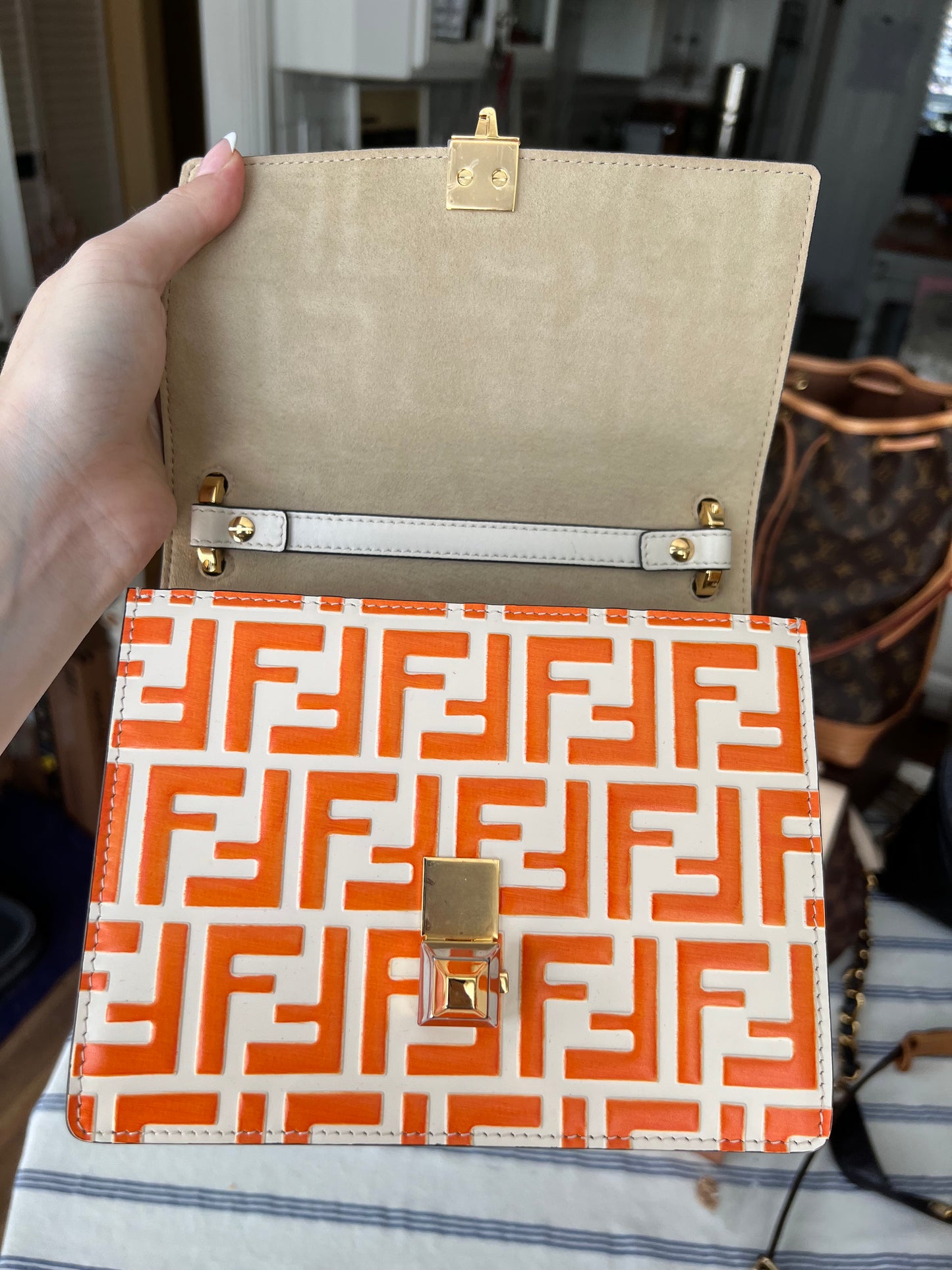 Fendi Vitello Liberty Bi-Color FF 1974 Embossed Small Kan I Shoulder Bag Camelia Aranciata