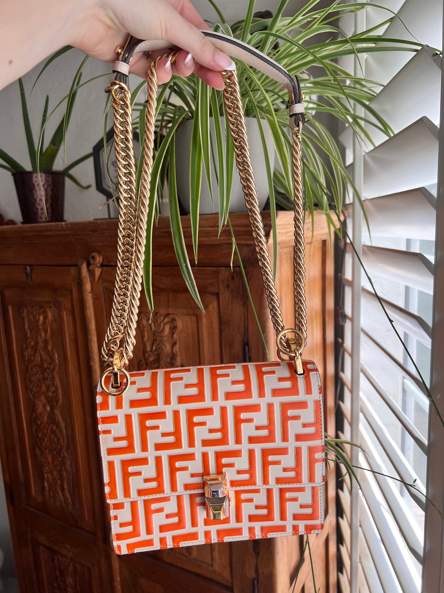 Fendi Vitello Liberty Bi-Color FF 1974 Embossed Small Kan I Shoulder Bag Camelia Aranciata